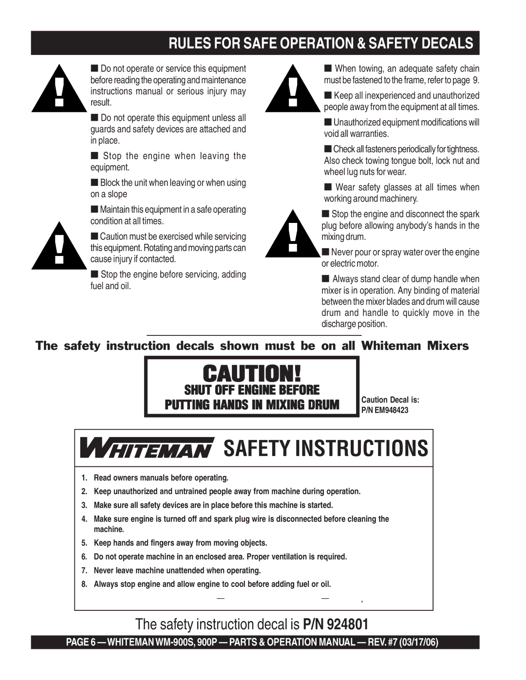 Multiquip WM-900S, WM-900P operation manual Safety Instructions 