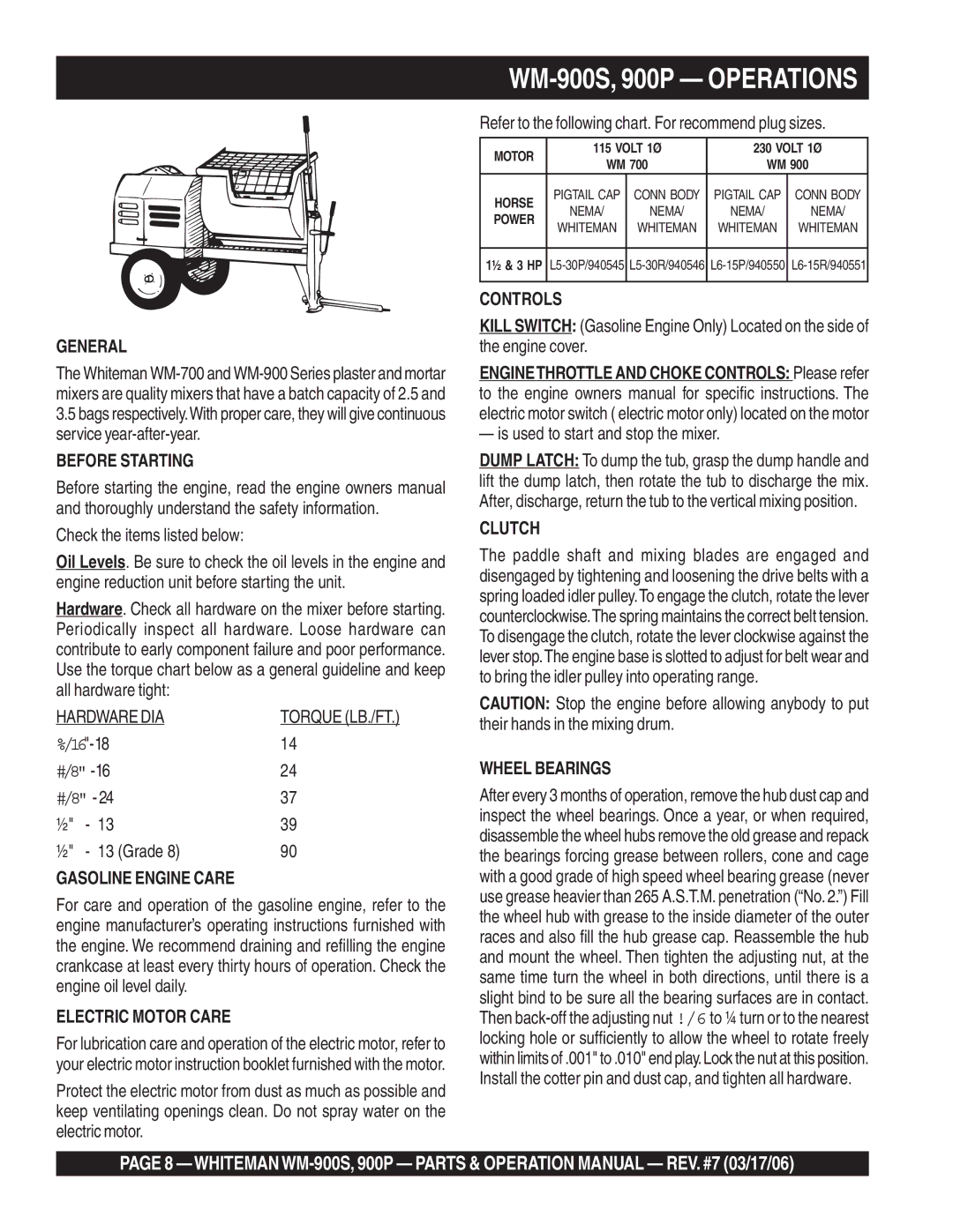 Multiquip WM-900P operation manual WM-900S, 900P Operations, General 