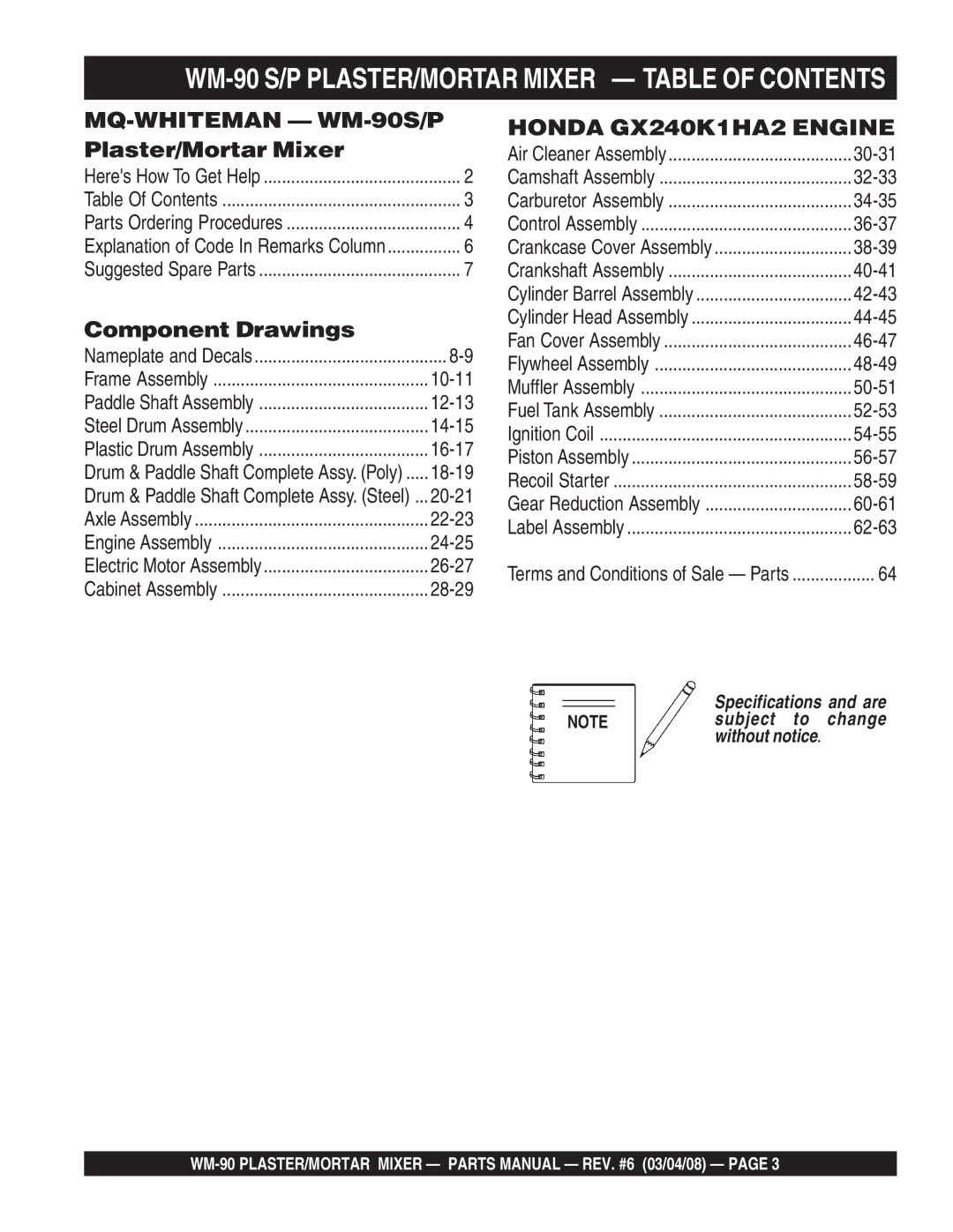 Multiquip WM-90P, WM-90S manual WM-90 S/P PLASTER/MORTAR Mixer Table of Contents 