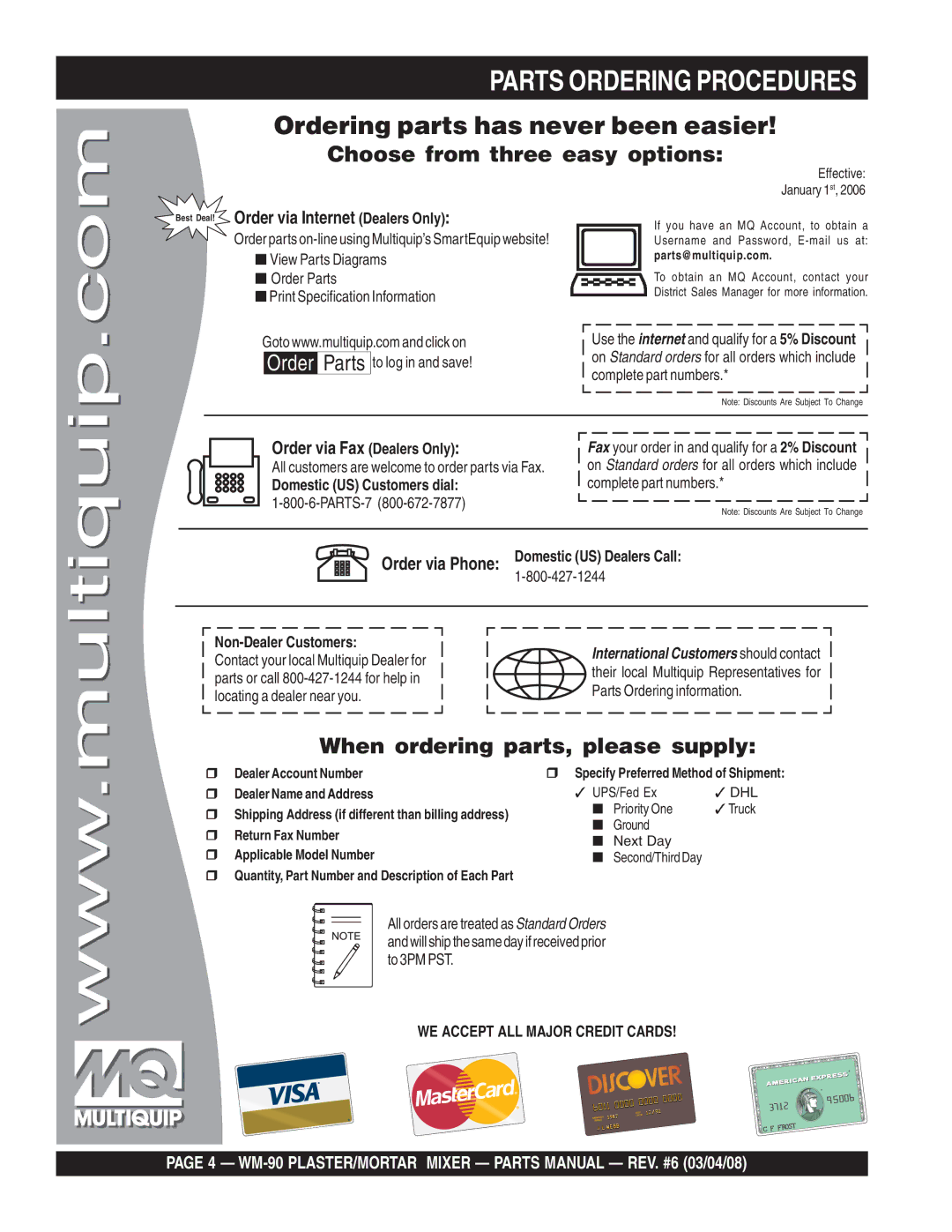 Multiquip WM-90S, WM-90P manual Parts Ordering Procedures 