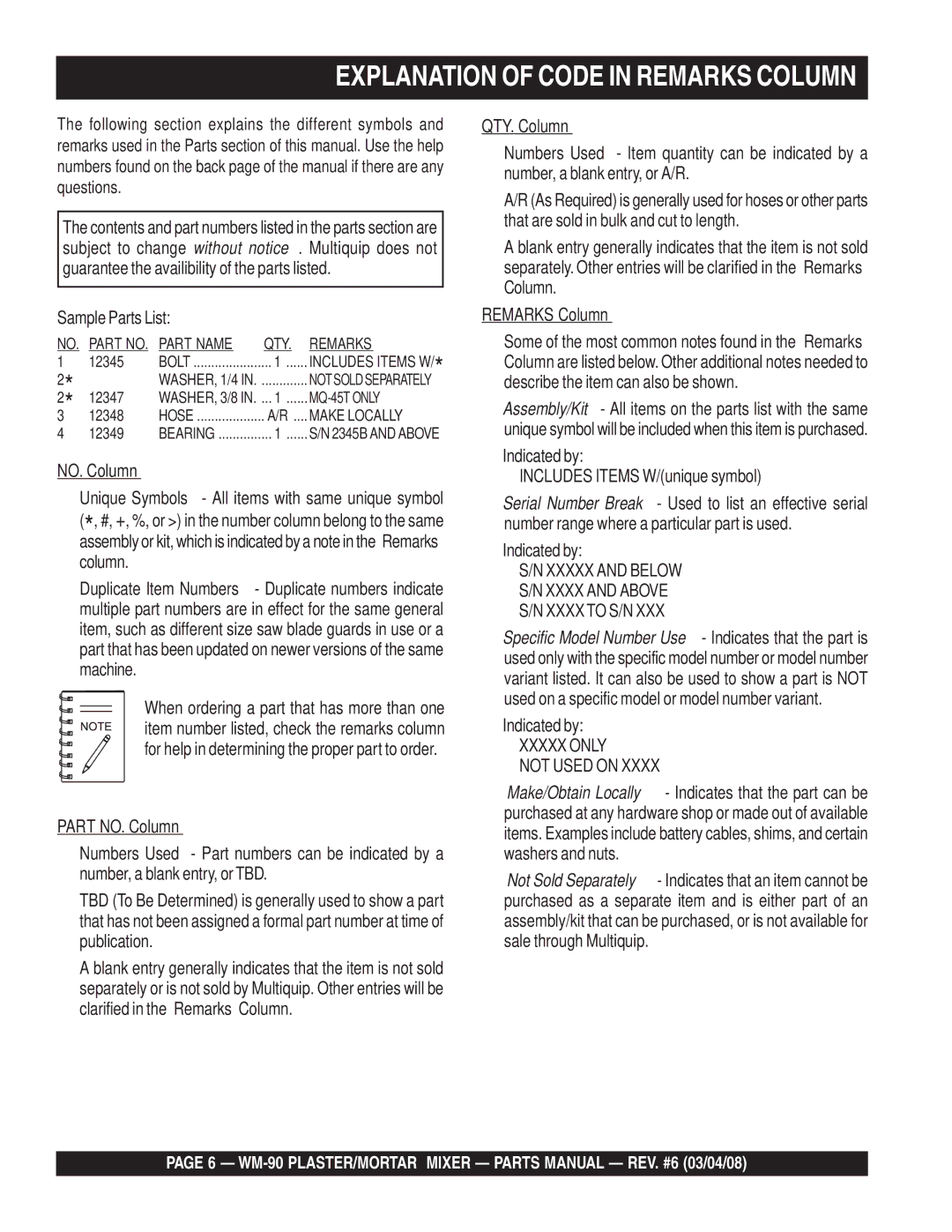 Multiquip WM-90S, WM-90P manual Explanation of Code in Remarks Column 