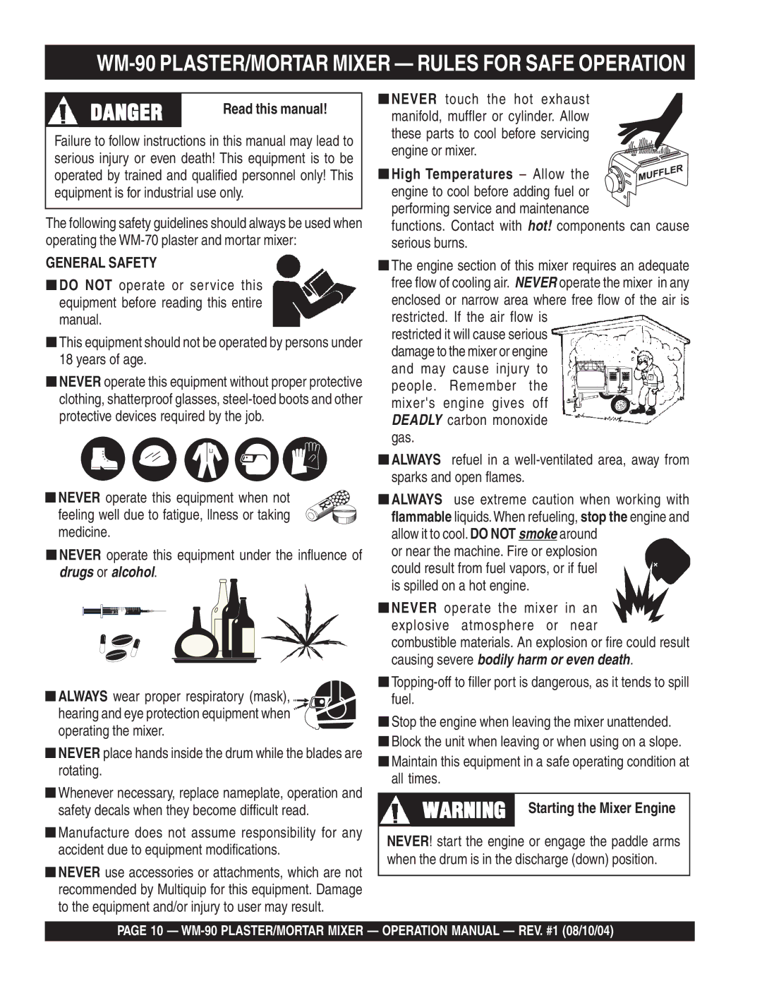 Multiquip WM-90S WM-90 PLASTER/MORTAR Mixer Rules for Safe Operation, Read this manual 