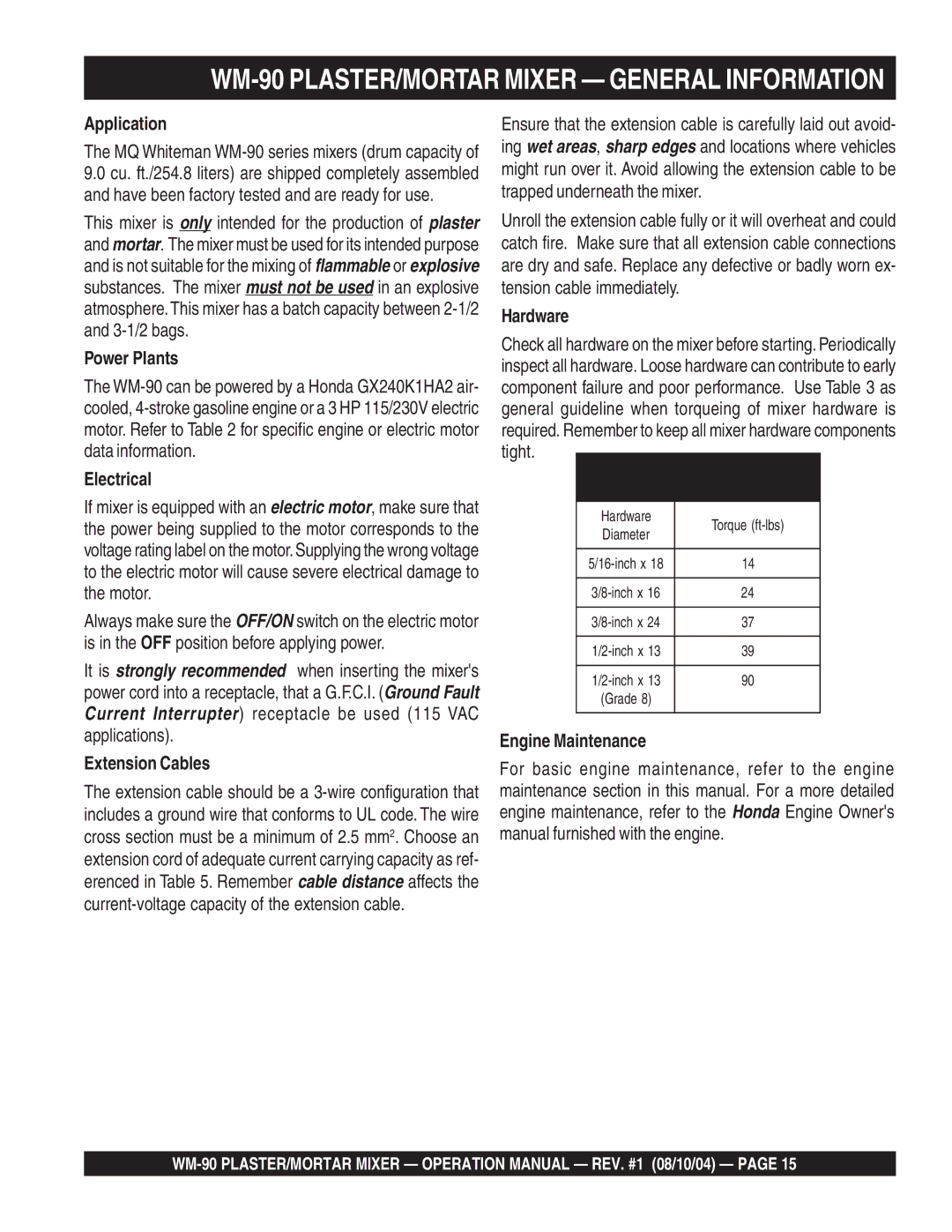 Multiquip WM-90S manual WM-90 PLASTER/MORTAR Mixer General Information 