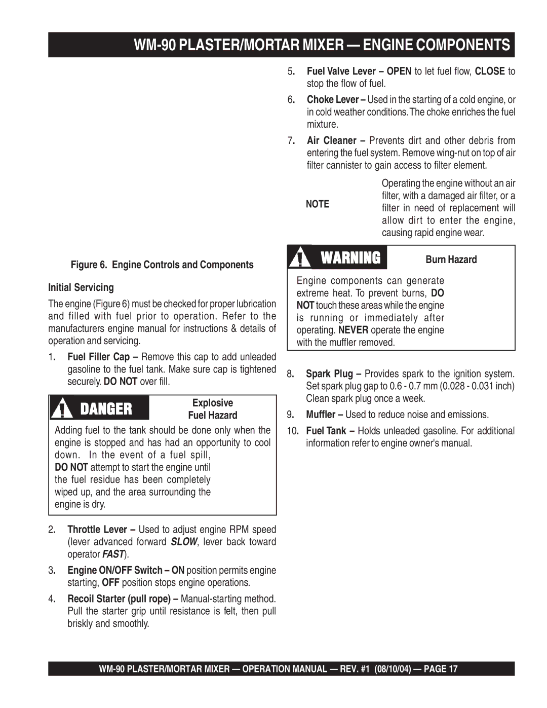 Multiquip WM-90S manual WM-90 PLASTER/MORTAR Mixer Engine Components, Initial Servicing, Explosive, Burn Hazard 