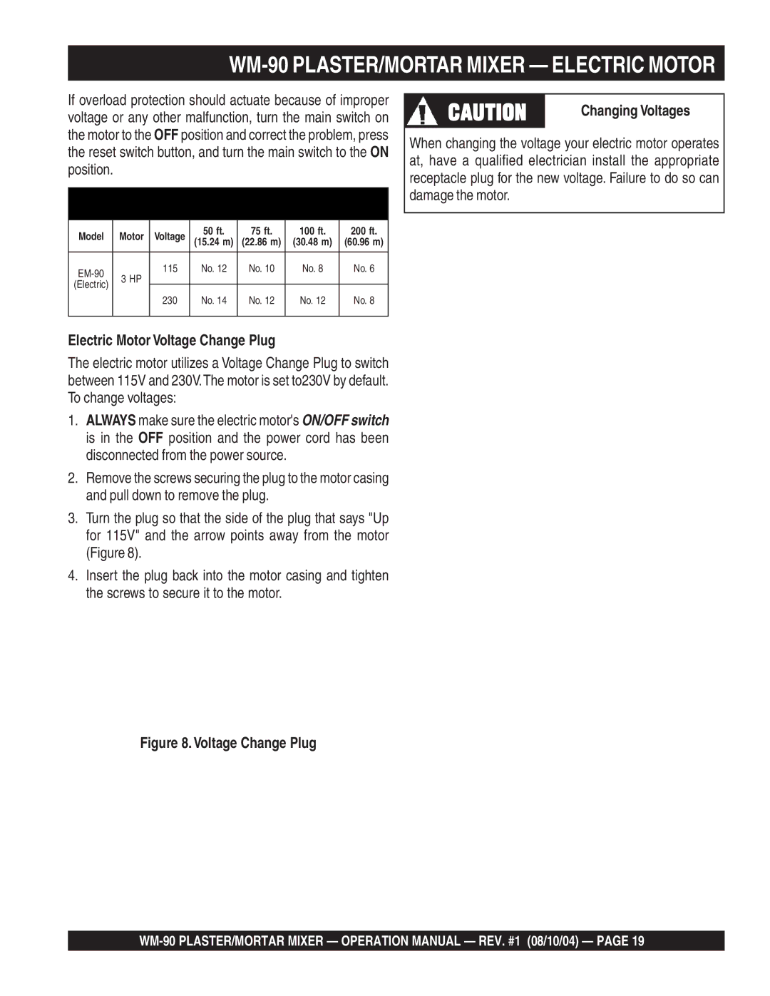 Multiquip WM-90S manual WM-90 PLASTER/MORTAR Mixer Electric Motor, Changing Voltages, Electric Motor Voltage Change Plug 