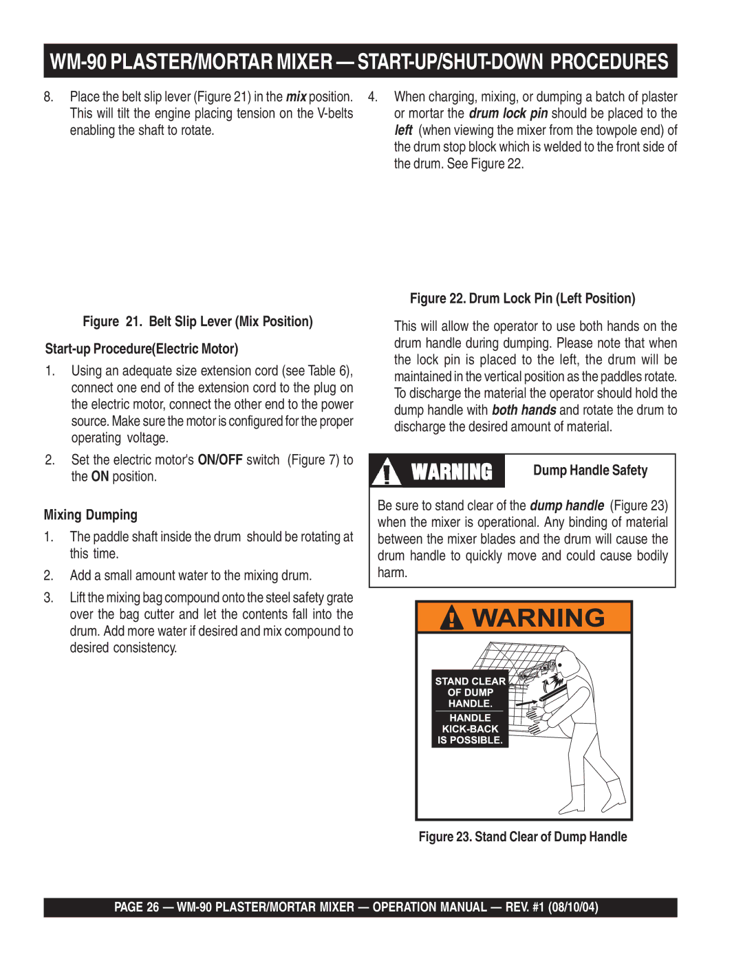 Multiquip WM-90S manual Mixing Dumping, Dump Handle Safety 