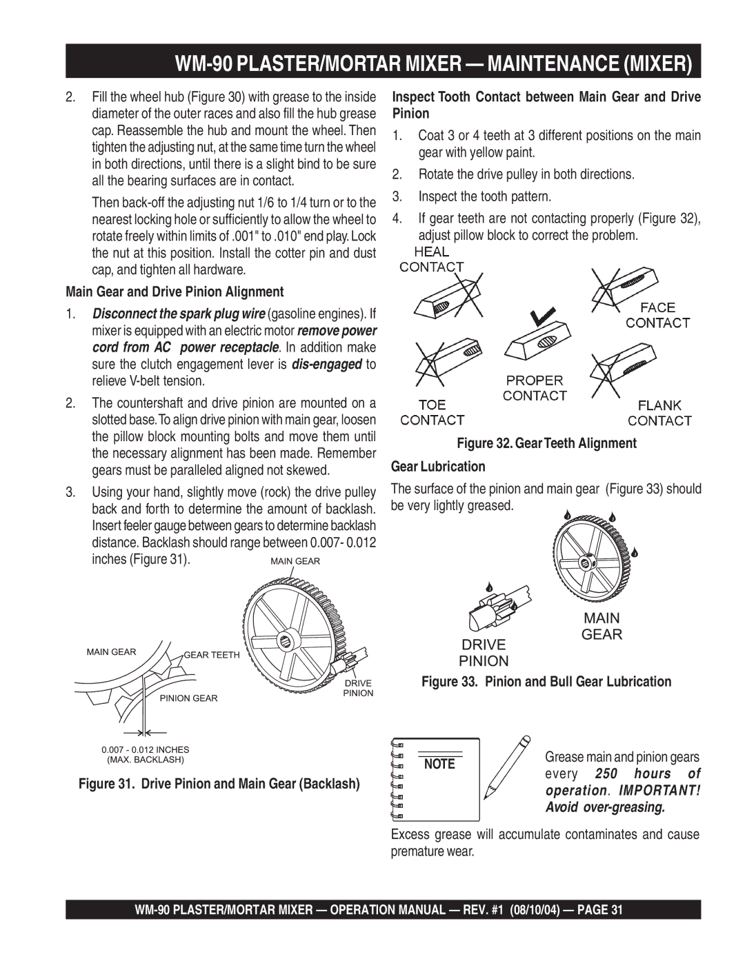 Multiquip WM-90S manual WM-90 PLASTER/MORTAR Mixer Maintenance Mixer, Main Gear and Drive Pinion Alignment 