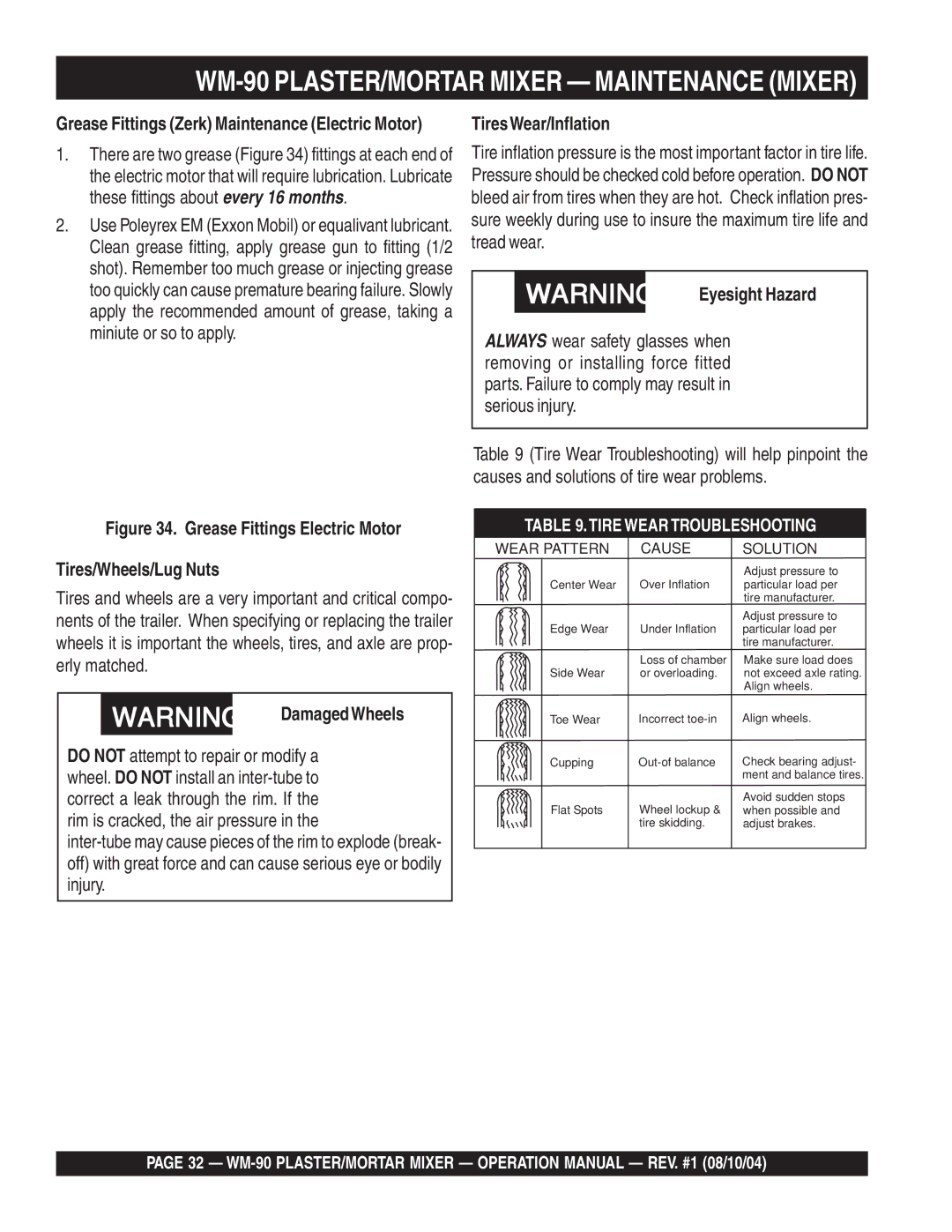 Multiquip WM-90S manual TiresWear/Inflation, Eyesight Hazard, Tires/Wheels/Lug Nuts 