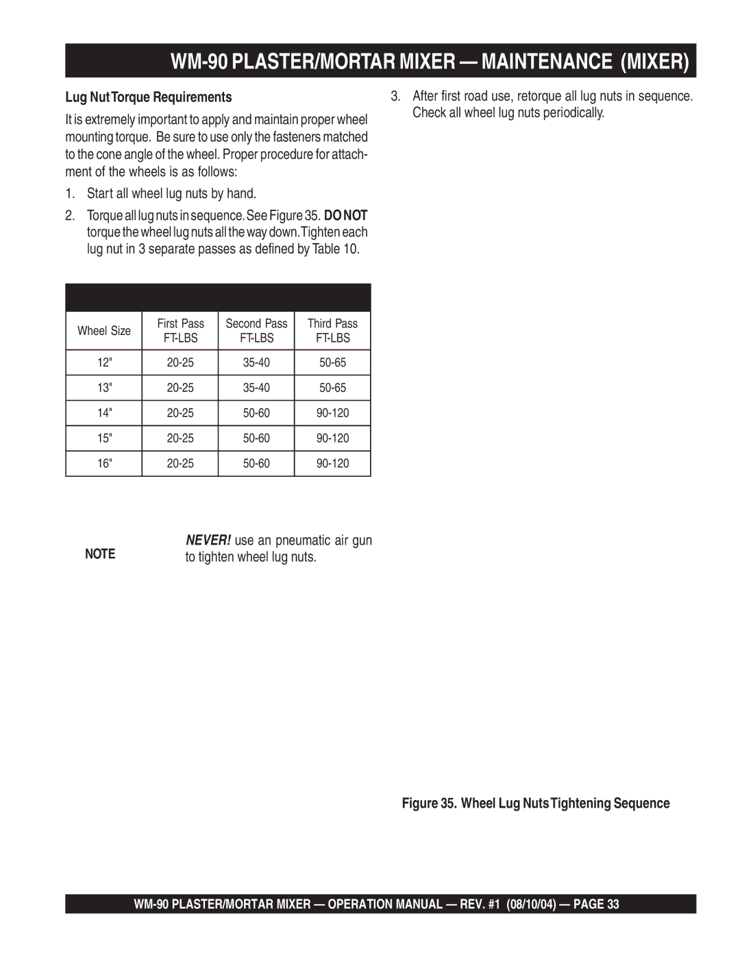 Multiquip WM-90S manual Lug NutTorque Requirements, Wheel Lug NutsTightening Sequence 