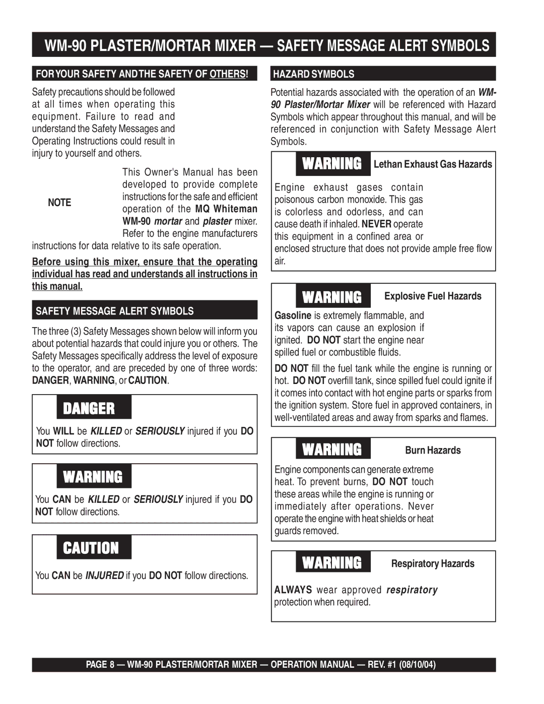 Multiquip WM-90S manual WM-90 PLASTER/MORTAR Mixer Safety Message Alert Symbols, Burn Hazards, Respiratory Hazards 