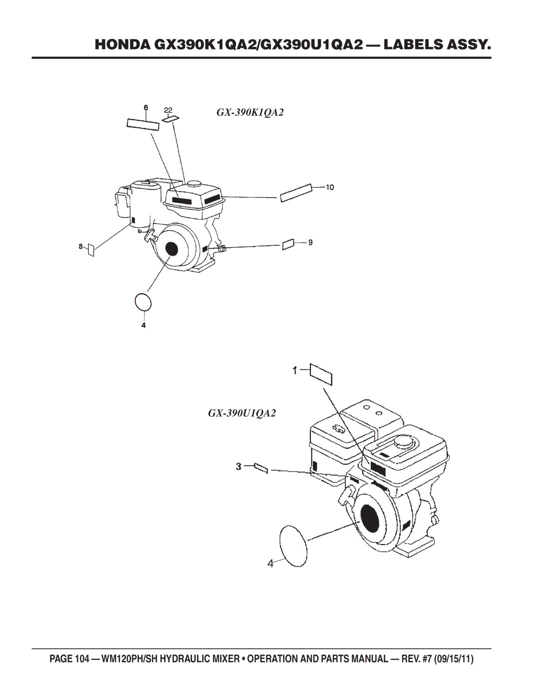 Multiquip WM120SH, WM120PH manual Honda GX390K1QA2/GX390U1QA2 Labels Assy 