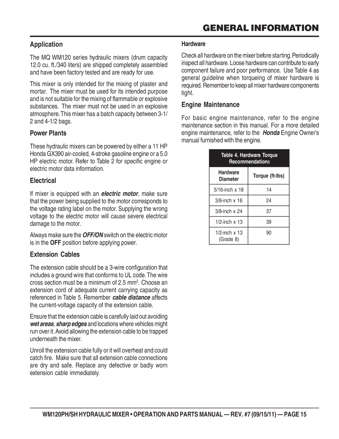 Multiquip WM120PH, WM120SH manual General Information, Application 