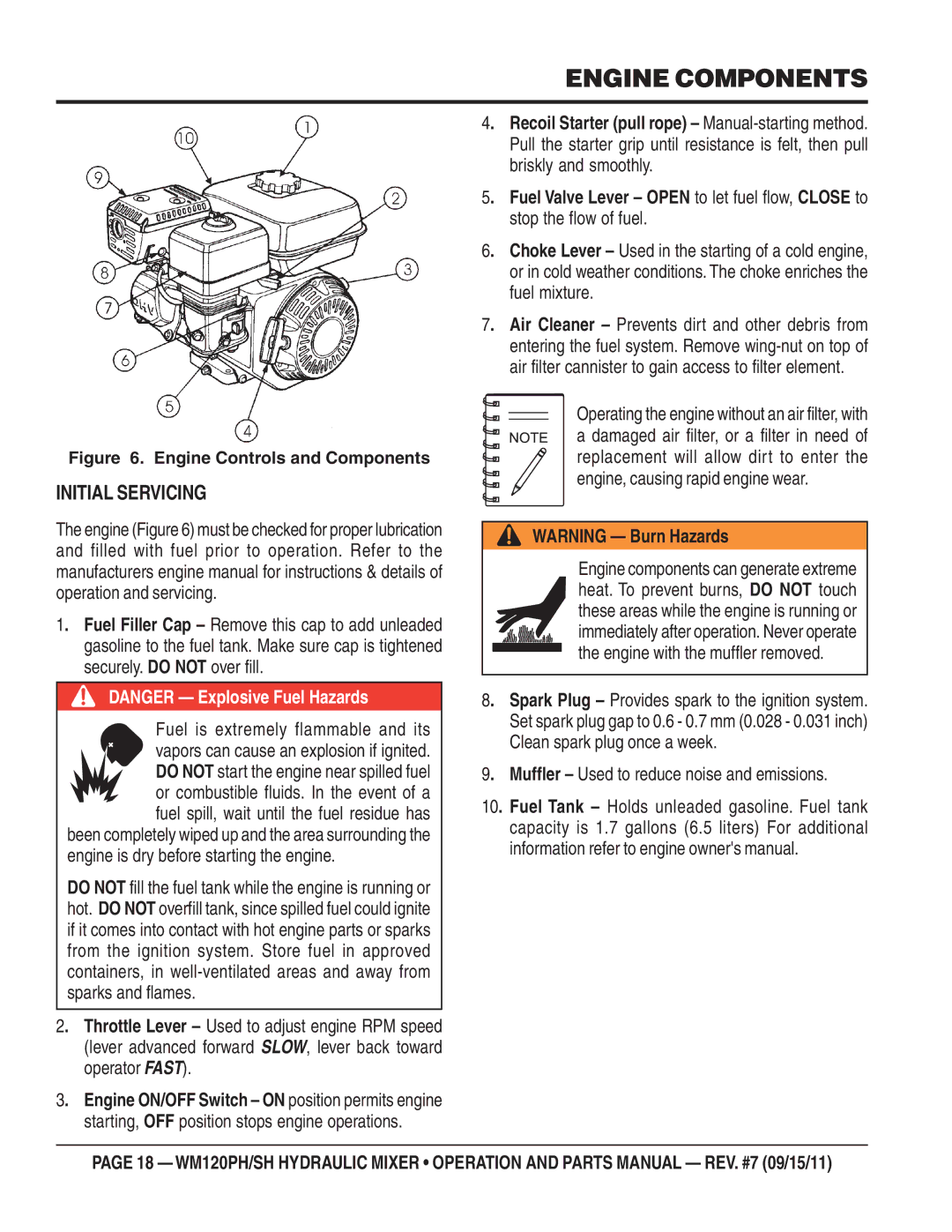 Multiquip WM120SH, WM120PH manual Engine Components, Initial Servicing, Muffler Used to reduce noise and emissions 