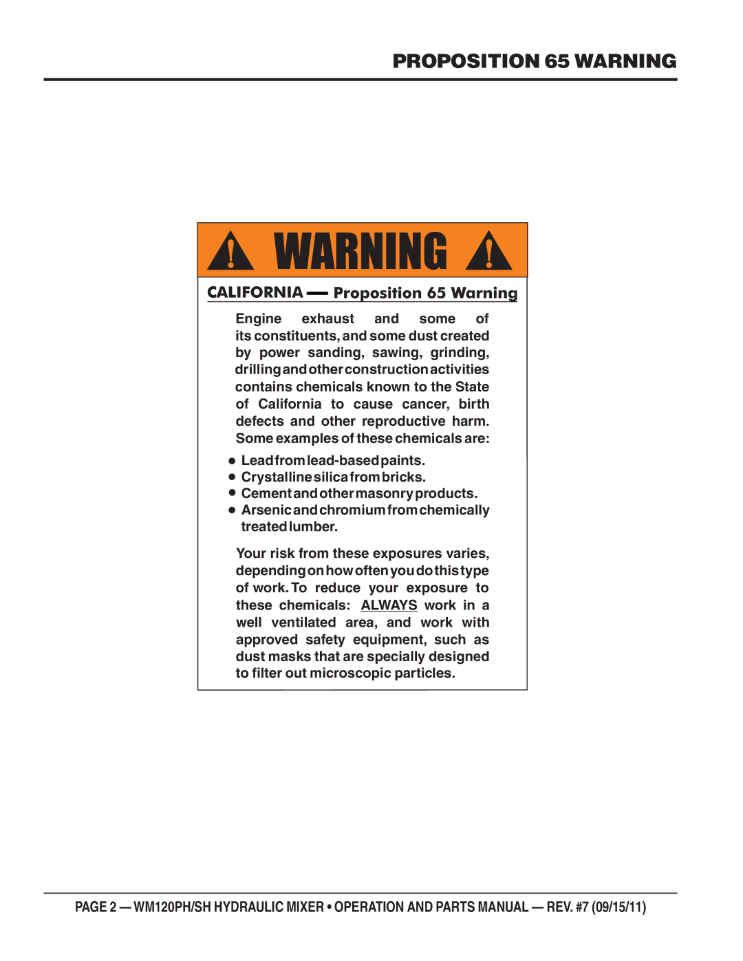 Multiquip WM120SH, WM120PH manual Proposition 65 Warning 