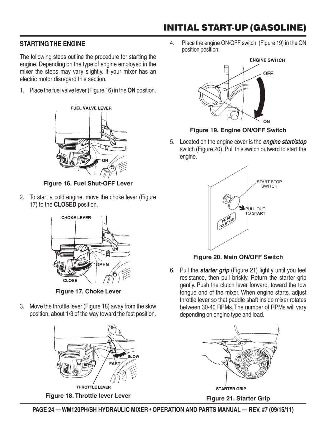 Multiquip WM120SH, WM120PH manual Initial START-UP Gasoline, Starting the Engine 