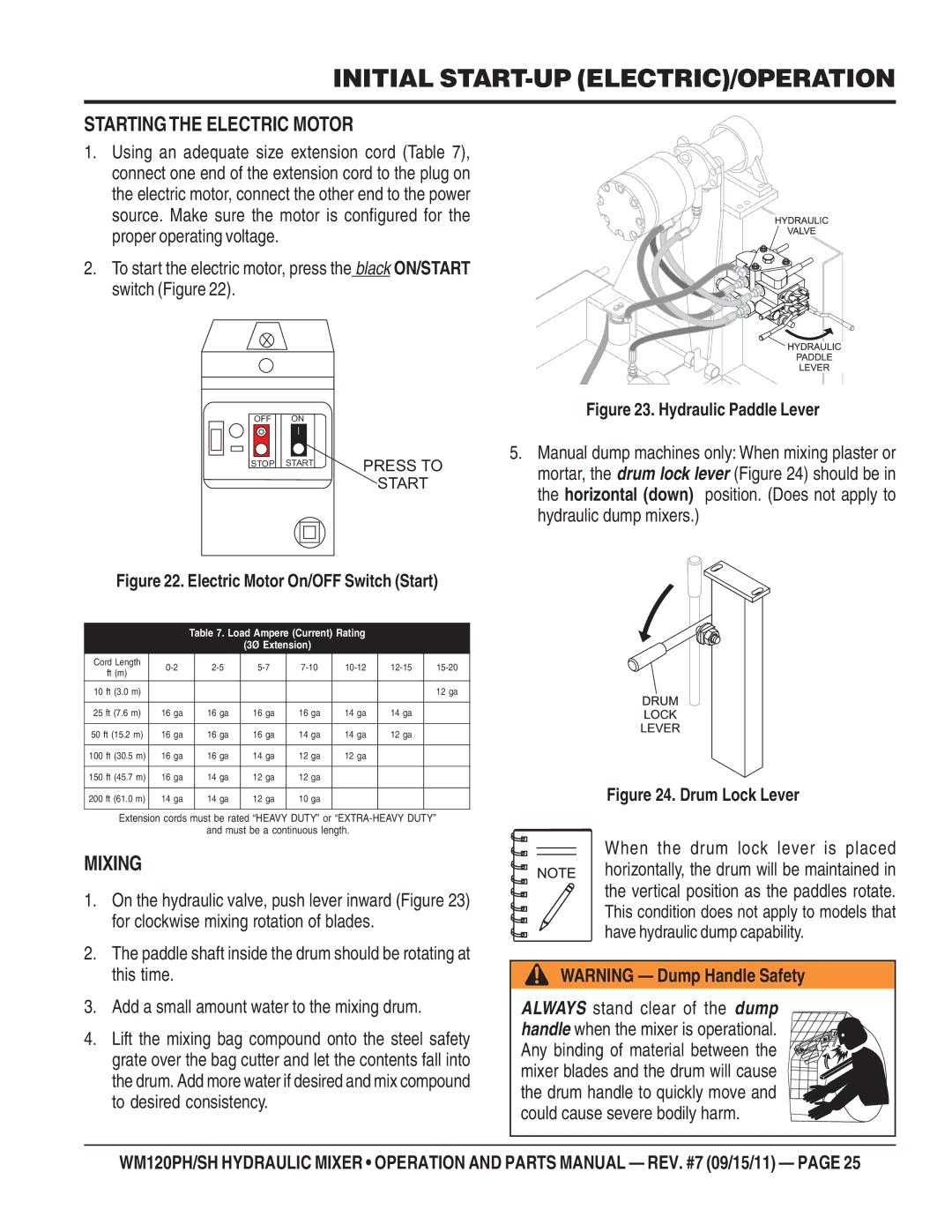 Multiquip WM120PH, WM120SH manual Initial START-UP ELECTRIC/OPERATION, Starting the Electric Motor, Mixing 