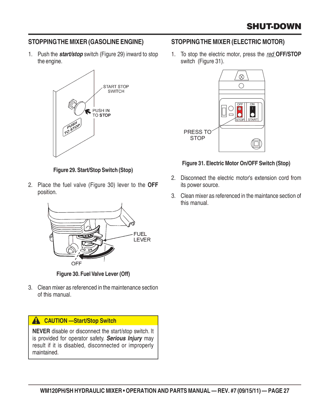 Multiquip WM120PH, WM120SH manual Shut-Down, Stoppingthe Mixer Gasoline Engine, Stoppingthe Mixer Electric Motor 