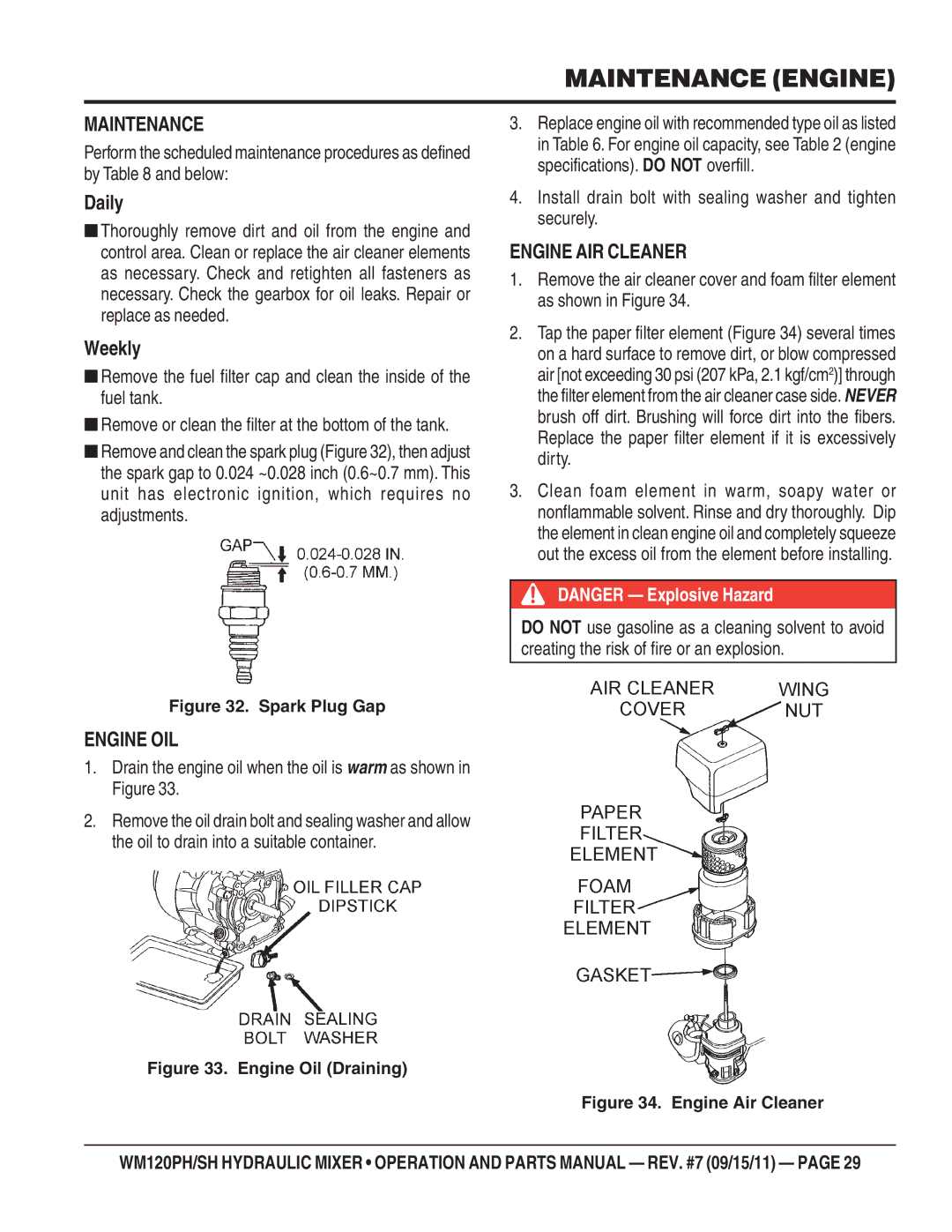 Multiquip WM120PH Maintenance, Engine AIR Cleaner, Engine OIL, Install drain bolt with sealing washer and tighten securely 