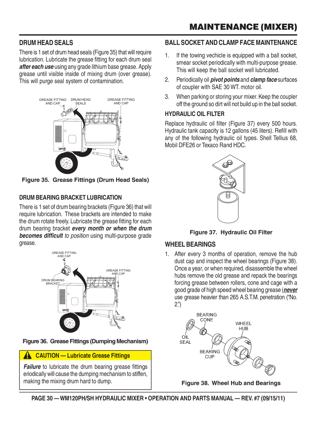 Multiquip WM120SH, WM120PH manual Maintenance Mixer, Drum Head Seals, Ball Socket and Clamp Face Maintenance, Wheel Bearings 