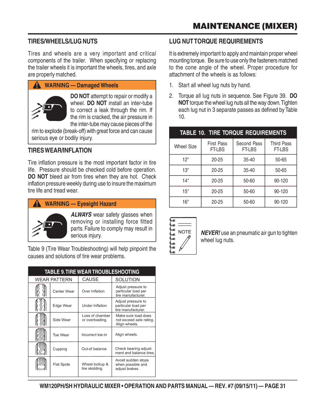 Multiquip WM120PH, WM120SH manual TIRES/WHEELS/LUG Nuts, Tireswear/Inflation, LUG NUT Torque Requirements 