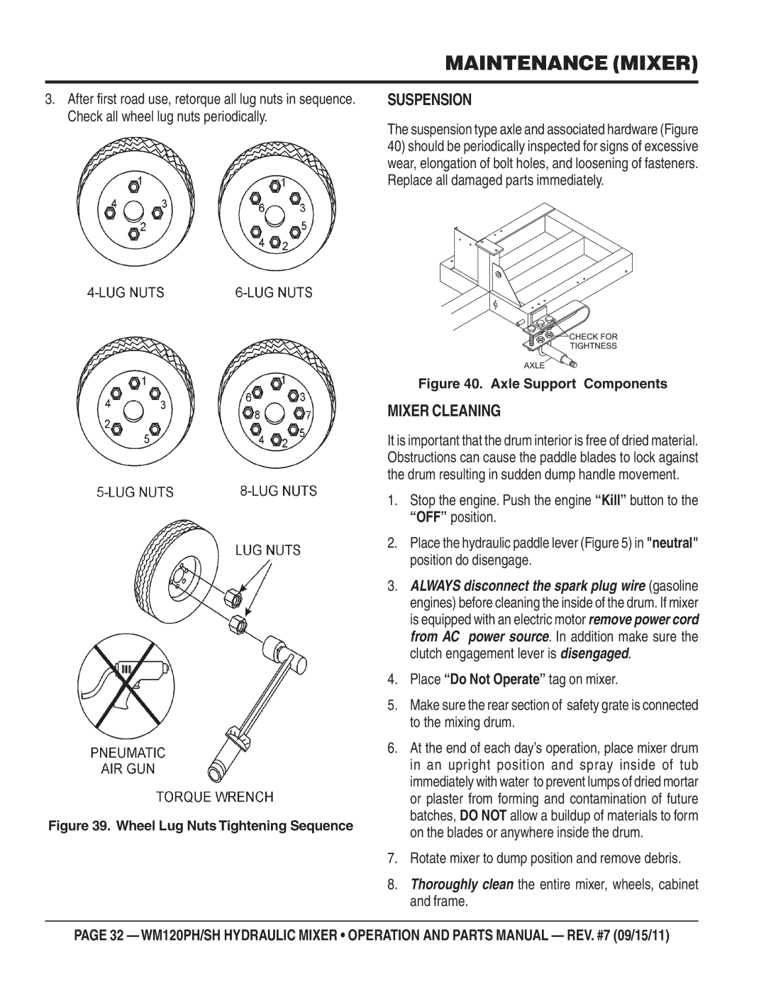 Multiquip WM120SH, WM120PH manual Suspension, Mixer Cleaning 