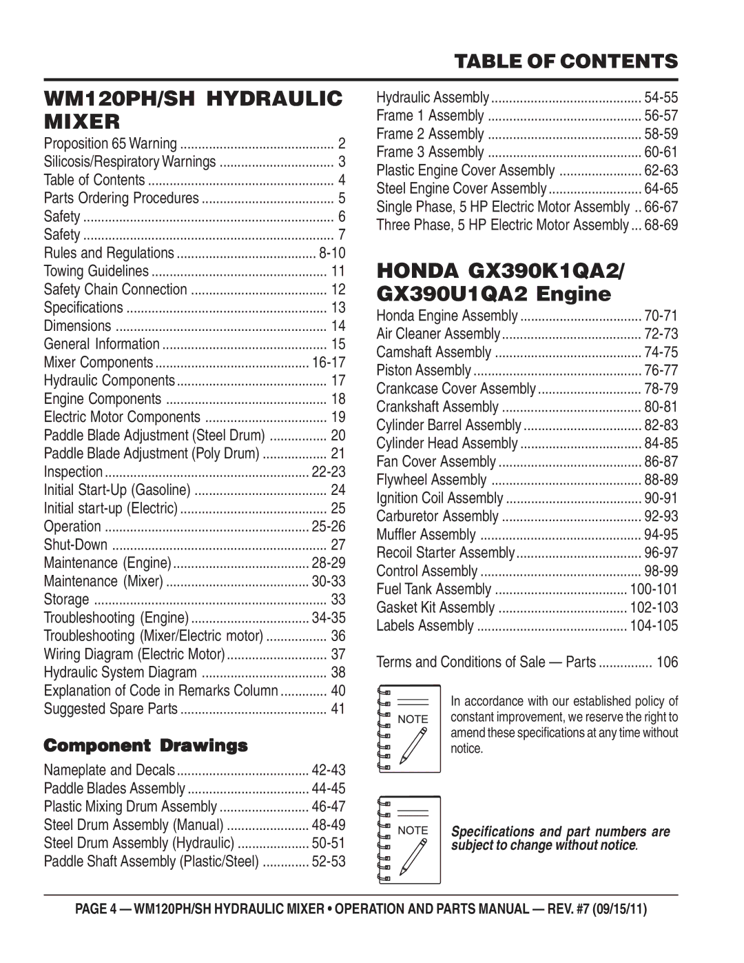 Multiquip WM120SH manual WM120PH/SH Hydraulic Mixer, Table of Contents 