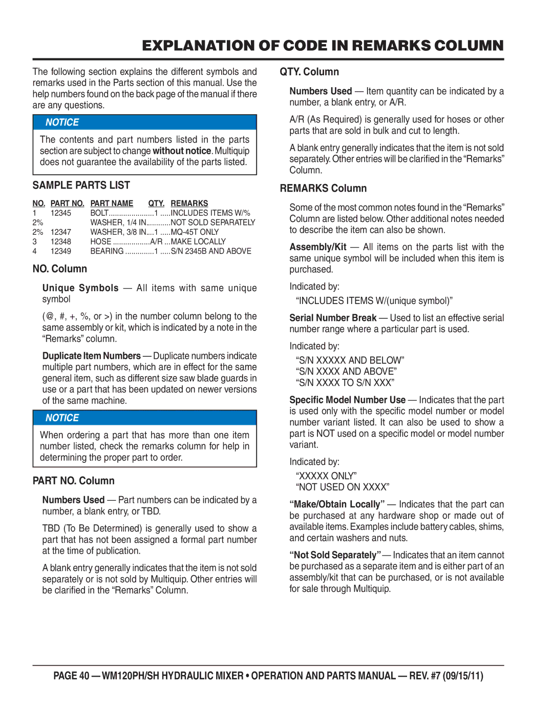 Multiquip WM120SH, WM120PH manual Explanation of Code in Remarks Column, Sample Parts List 