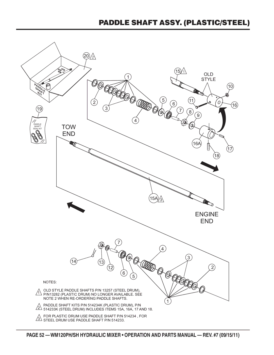 Multiquip WM120SH, WM120PH manual Paddle Shaft ASSY. PLASTIC/STEEL 