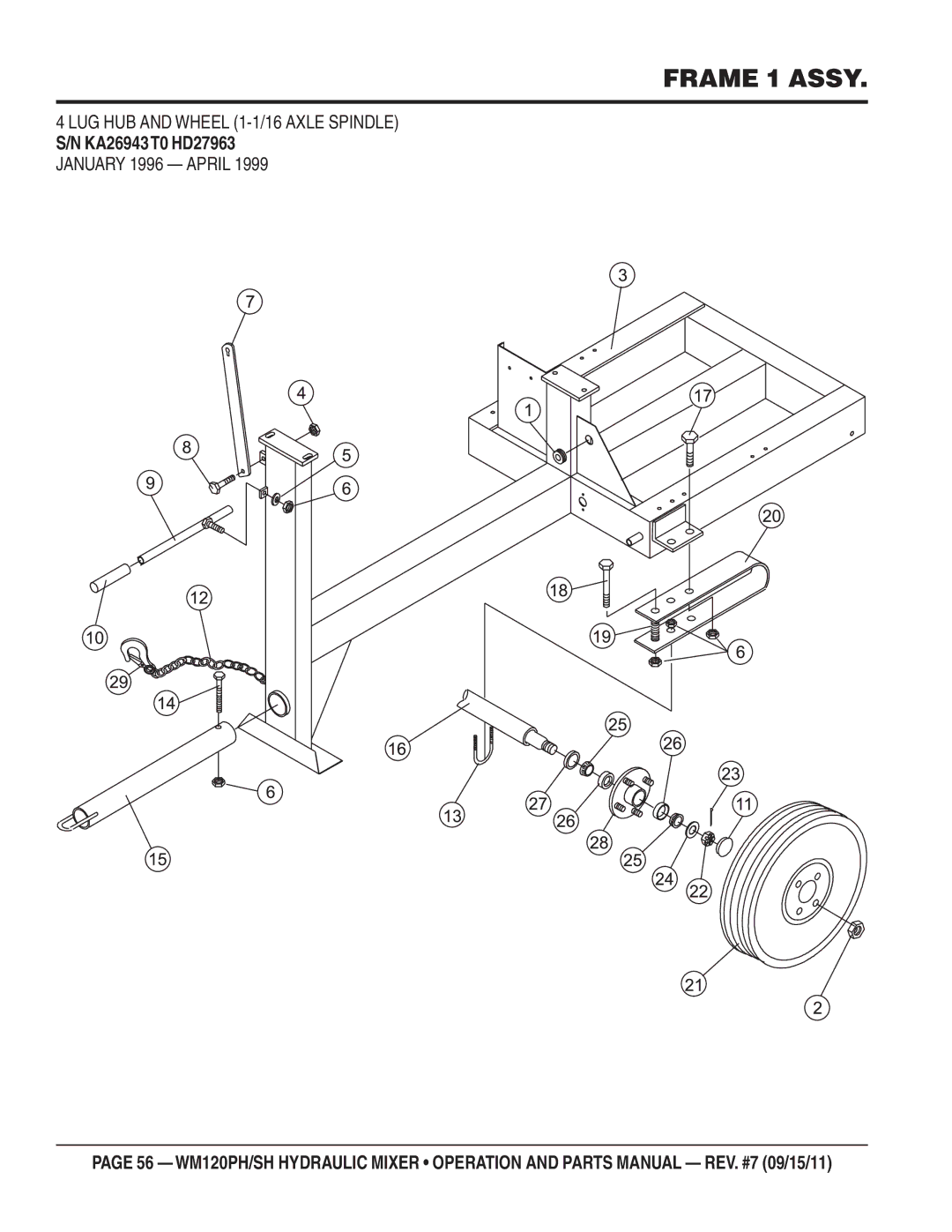 Multiquip WM120SH, WM120PH manual Frame 1 Assy, LUG HUB and Wheel 1-1/16 Axle Spindle, January 1996 April 