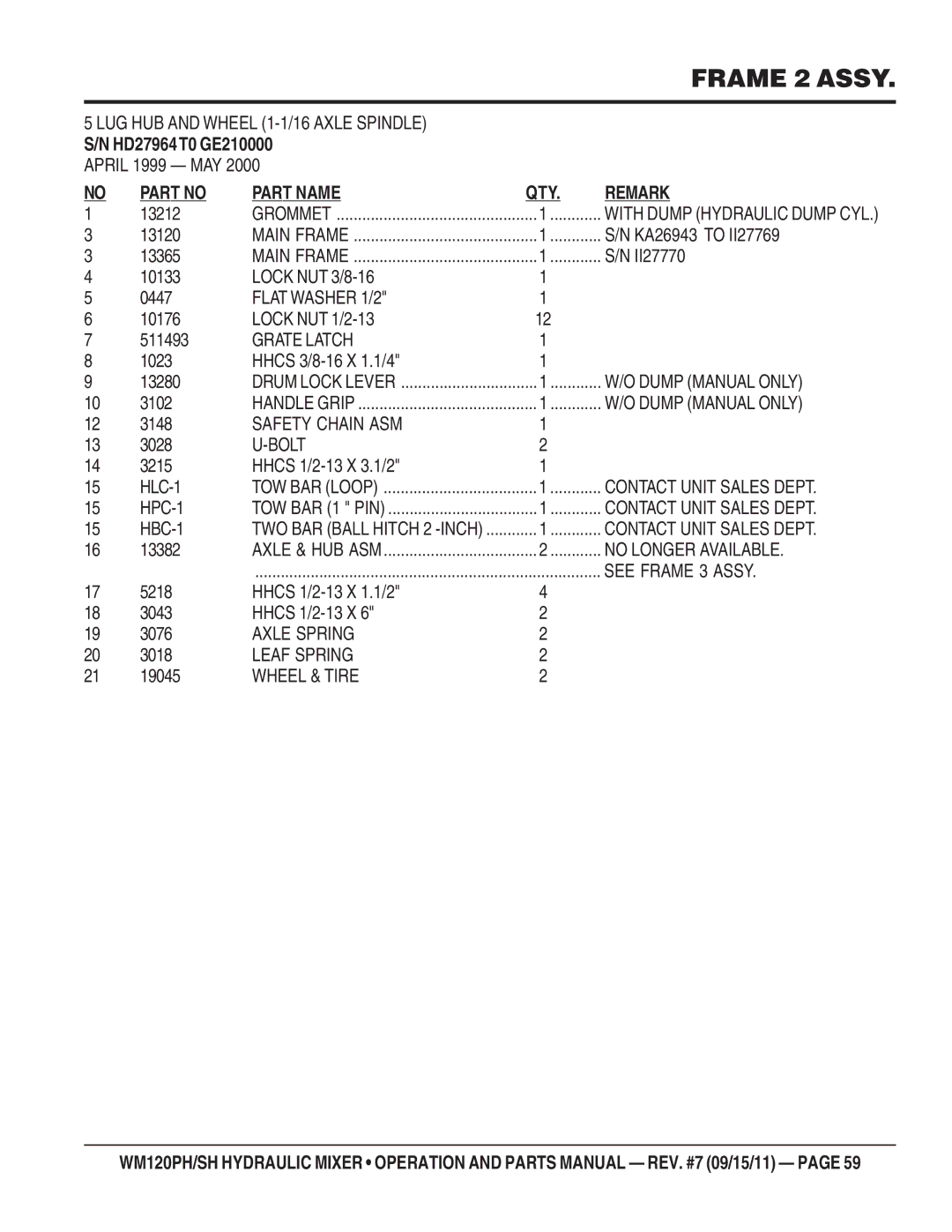 Multiquip WM120PH, WM120SH Safety Chain ASM, Contact Unit Sales Dept, No Longer Available, See Frame 3 Assy, Wheel & Tire 