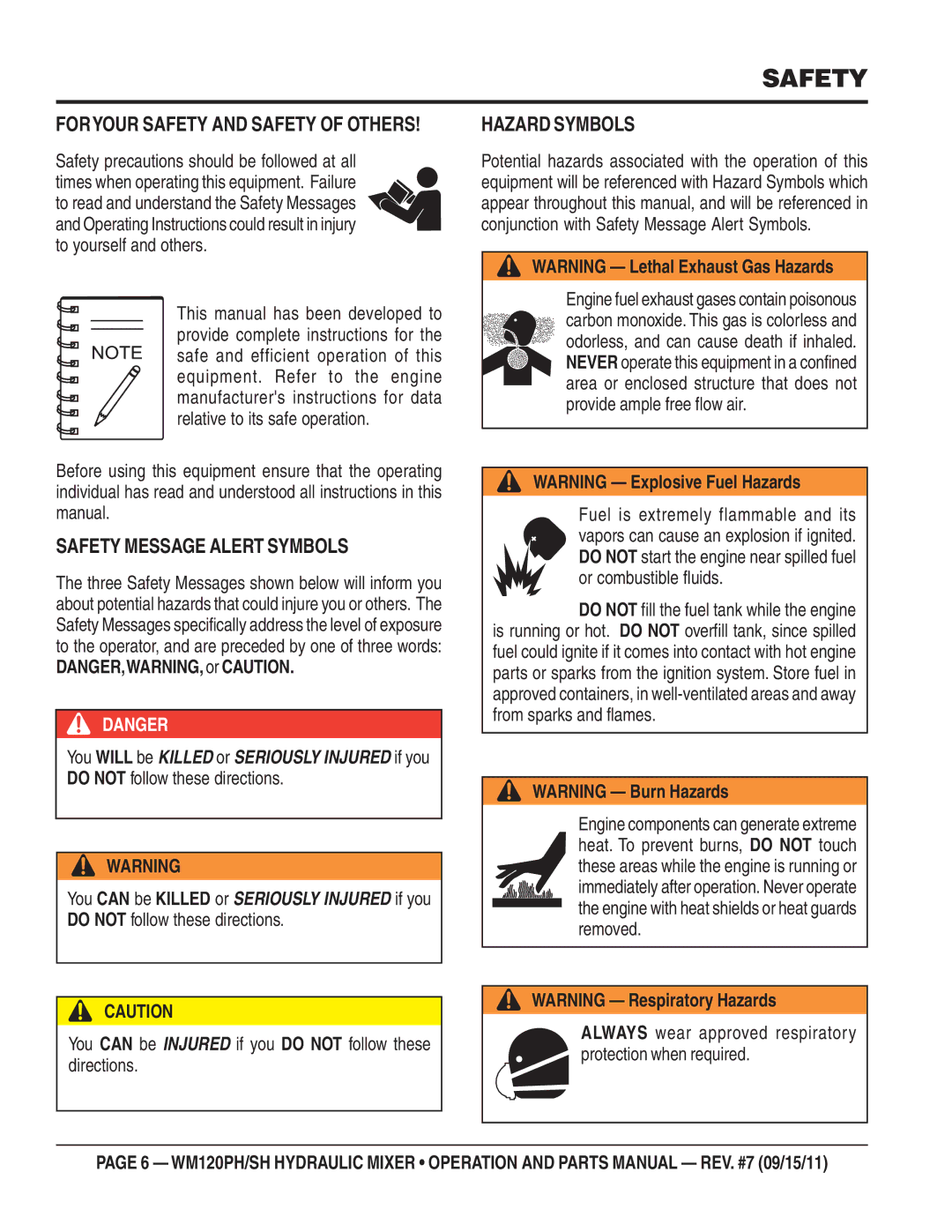 Multiquip WM120SH, WM120PH manual Safety Message Alert Symbols, Hazard Symbols, Foryour Safety and Safety of Others 