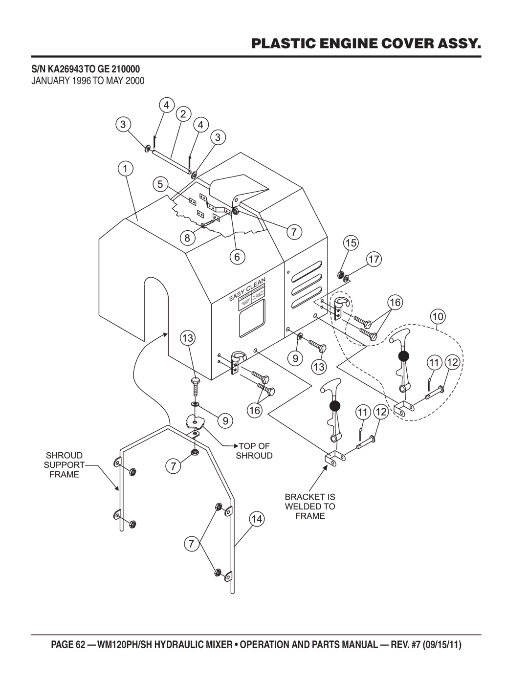 Multiquip WM120SH, WM120PH manual Plastic Engine Cover Assy, January 1996 to MAY 