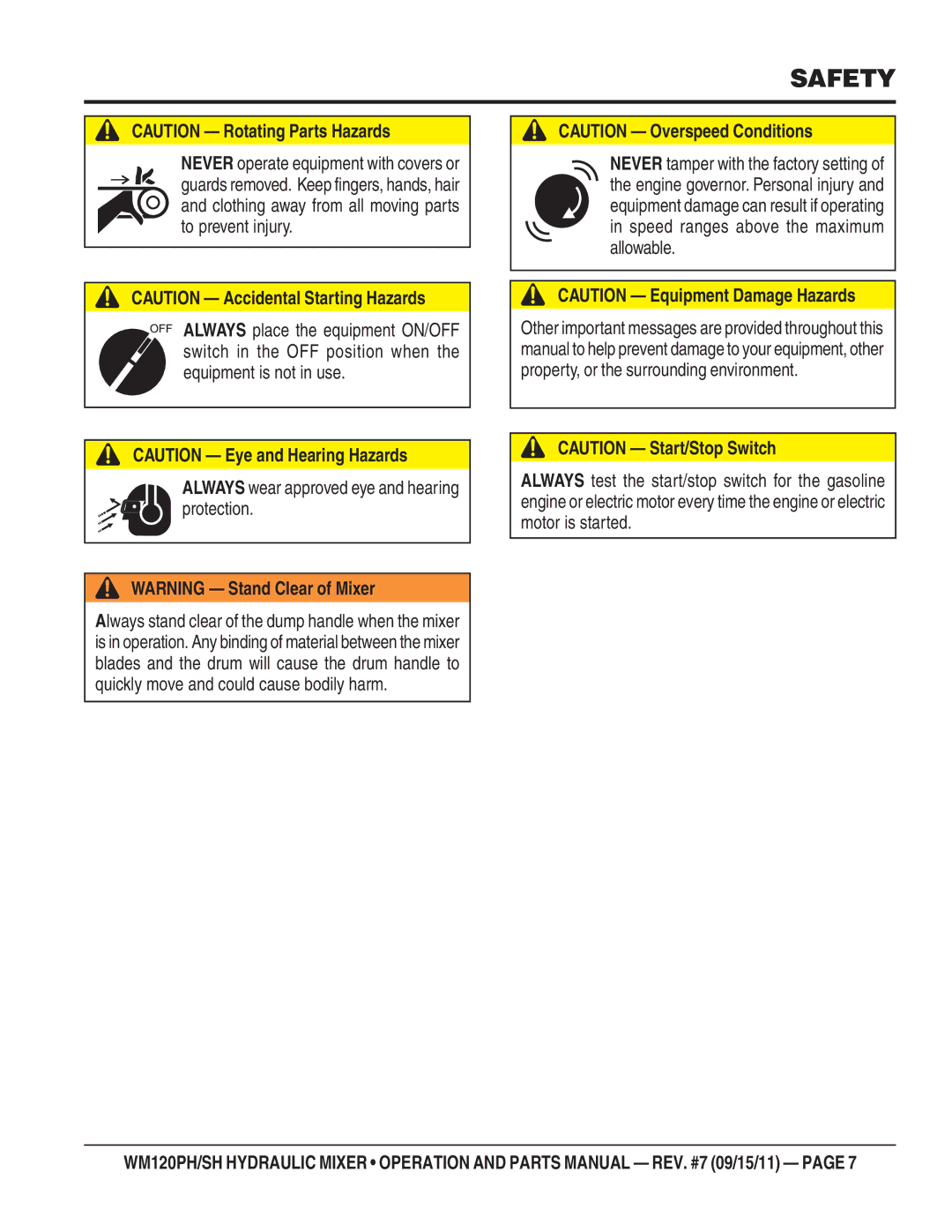 Multiquip WM120PH, WM120SH manual Safety 