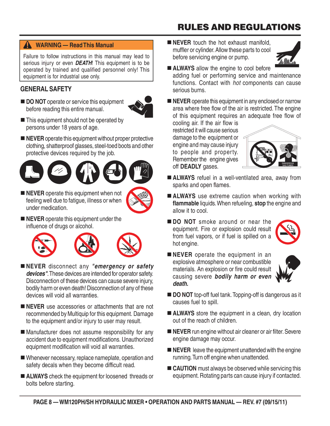 Multiquip WM120SH, WM120PH manual Rules and Regulations, General Safety 