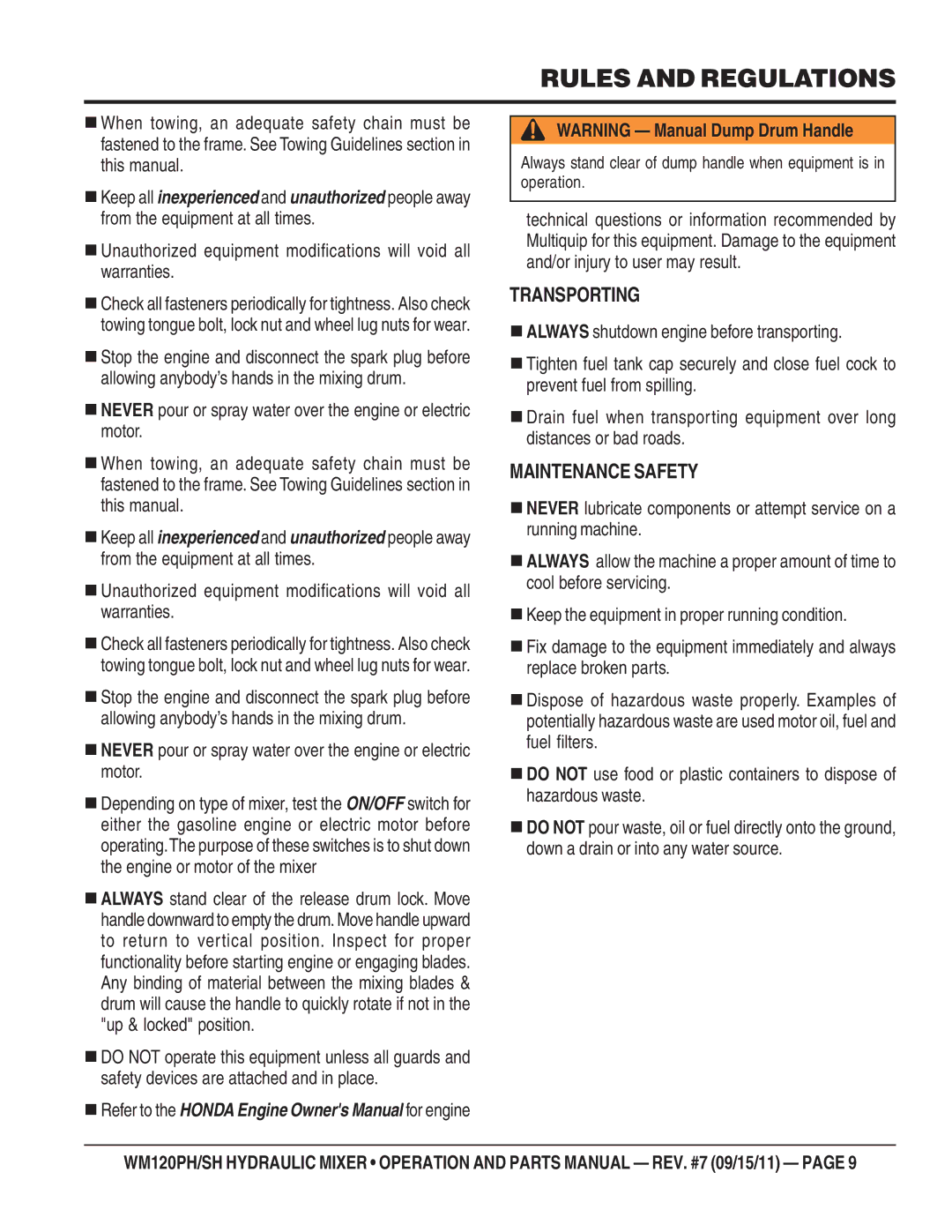 Multiquip WM120PH, WM120SH manual Transporting, Maintenance Safety 