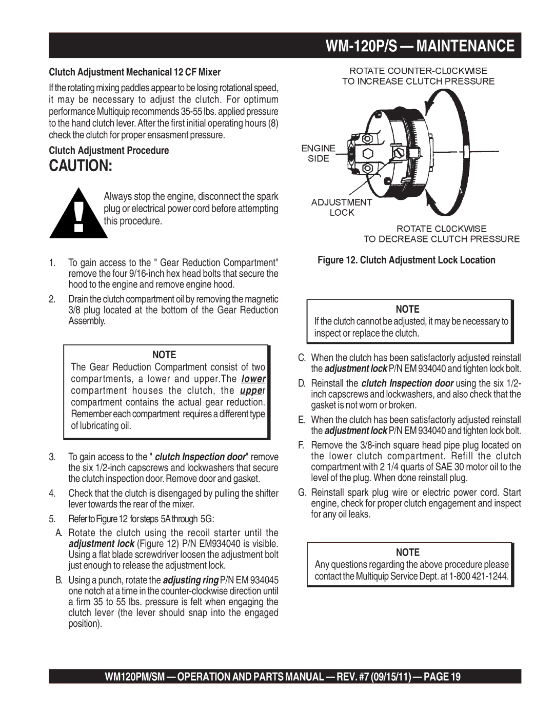 Multiquip WM120PM, WM120SM manual WM-120P/S Maintenance, Clutch Adjustment Mechanical 12 CF Mixer 