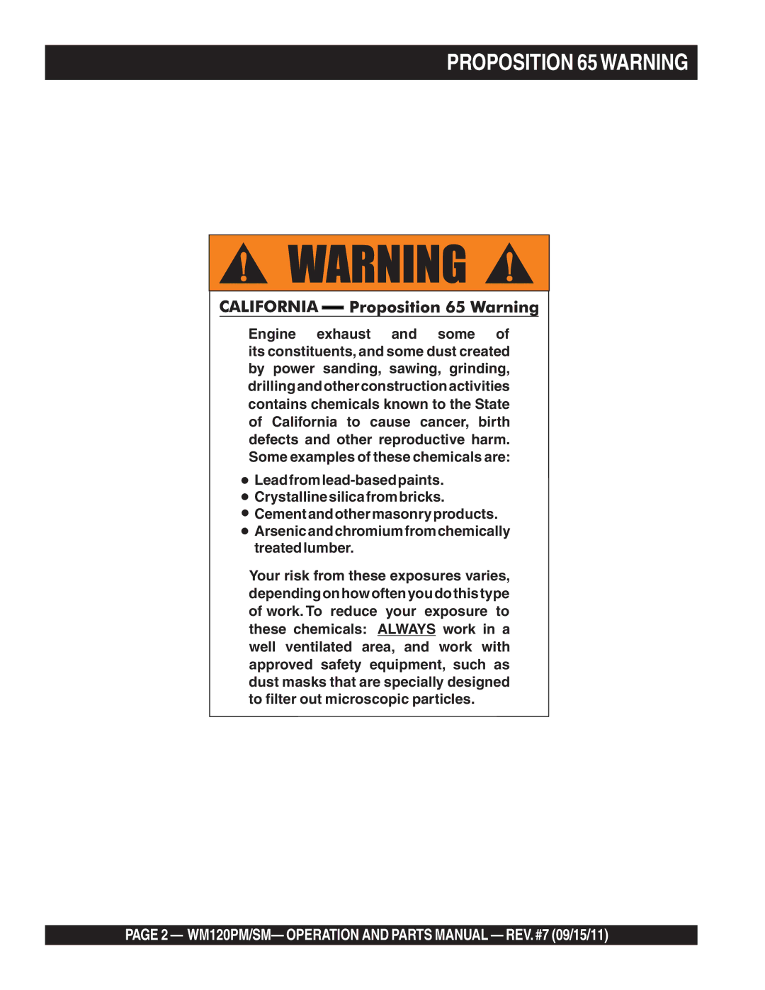 Multiquip WM120SM, WM120PM manual Proposition 65WARNING 