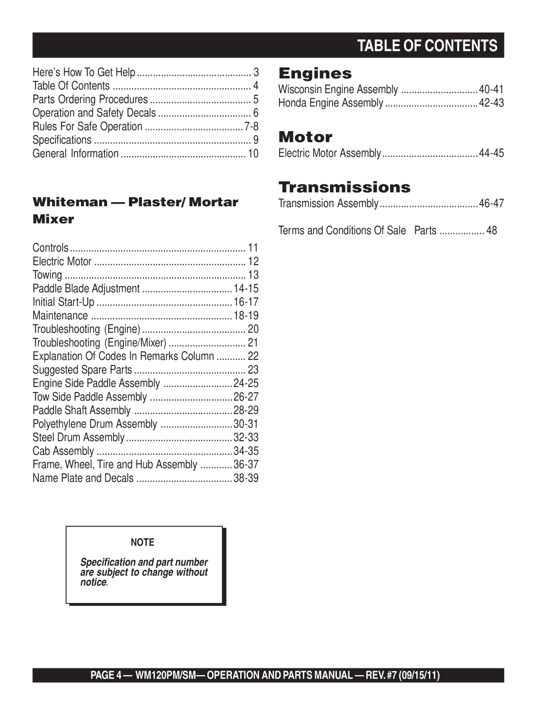 Multiquip WM120SM, WM120PM manual Engines 