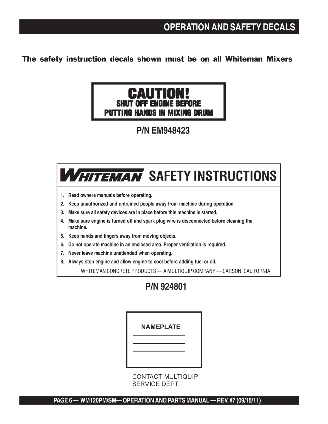 Multiquip WM120SM, WM120PM manual Safety Instructions, Operation and Safety Decals 