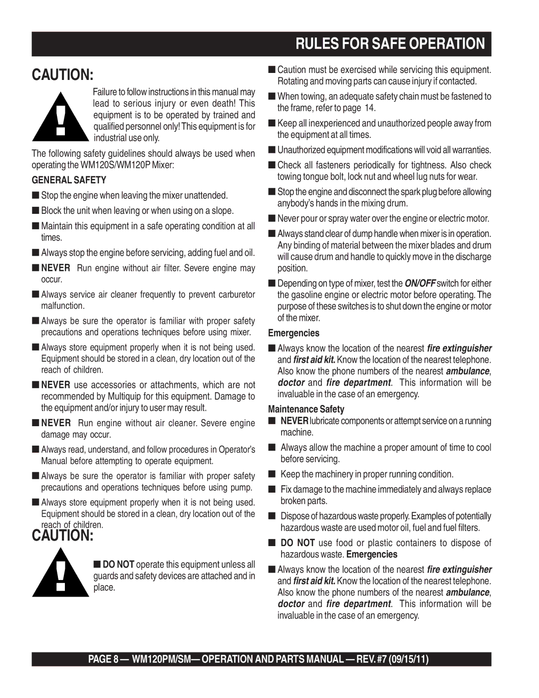 Multiquip WM120SM, WM120PM manual Rules for Safe Operation, Emergencies 