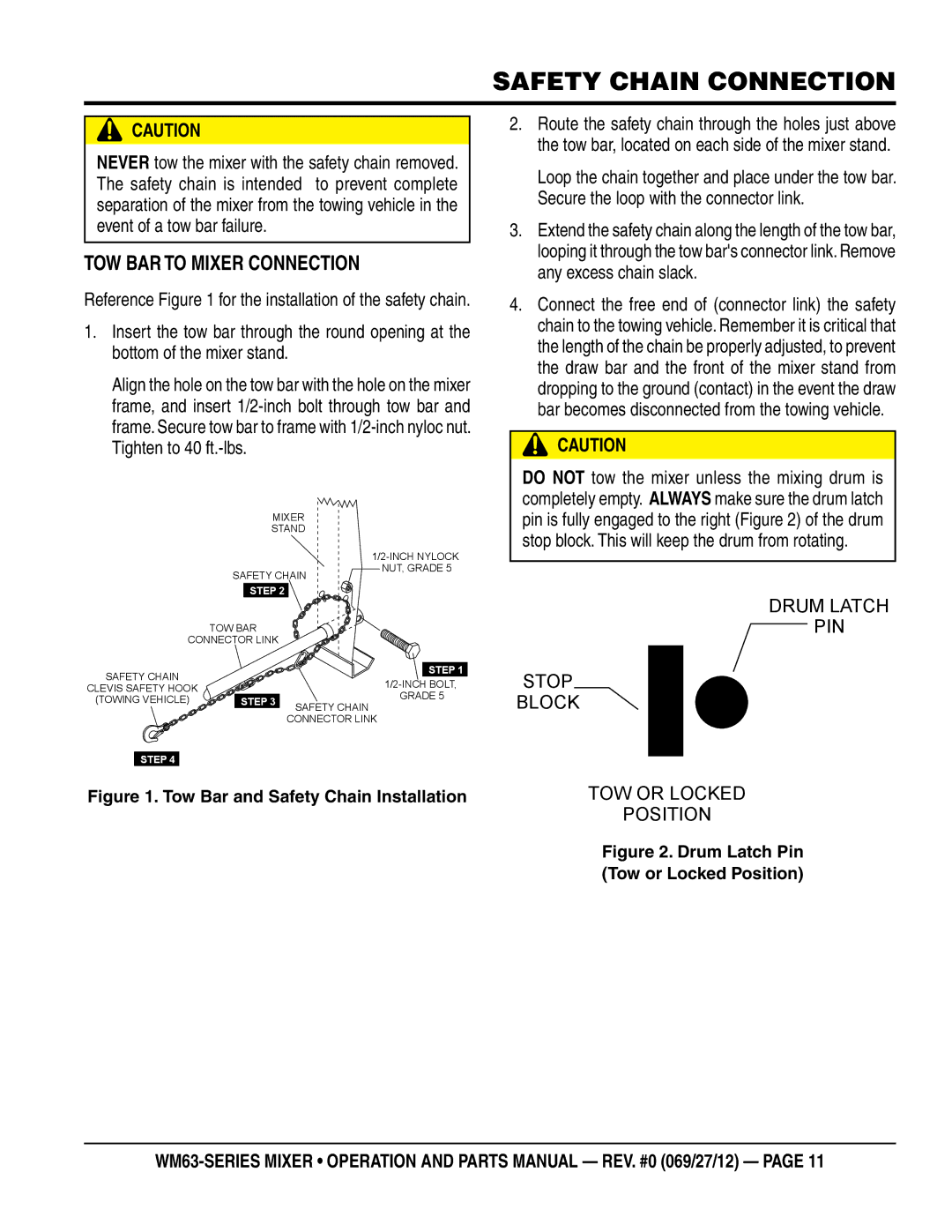 Multiquip WM63H5, WM63H8 manual Safety chain connection, Tow Bar to Mixer Connection 