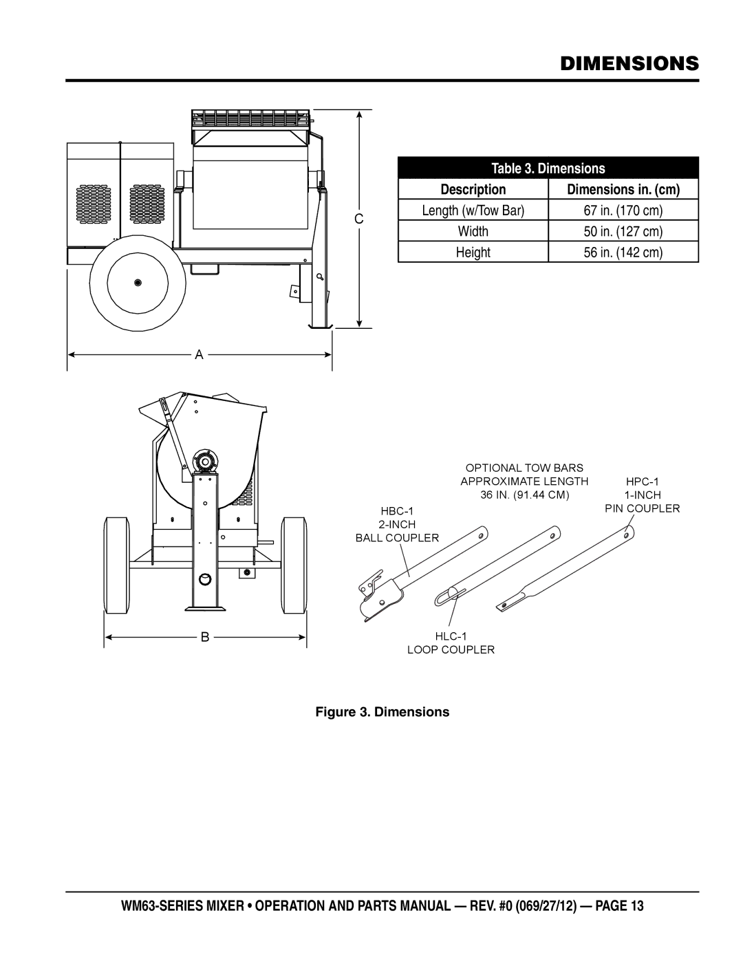 Multiquip WM63H5, WM63H8 manual Dimensions 