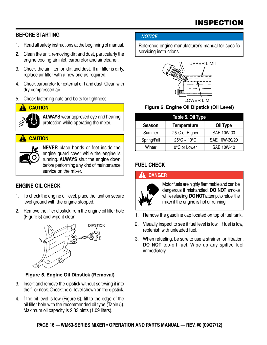 Multiquip WM63H8, WM63H5 manual Inspection, Before Starting, Engine Oil Check, Fuel Check 