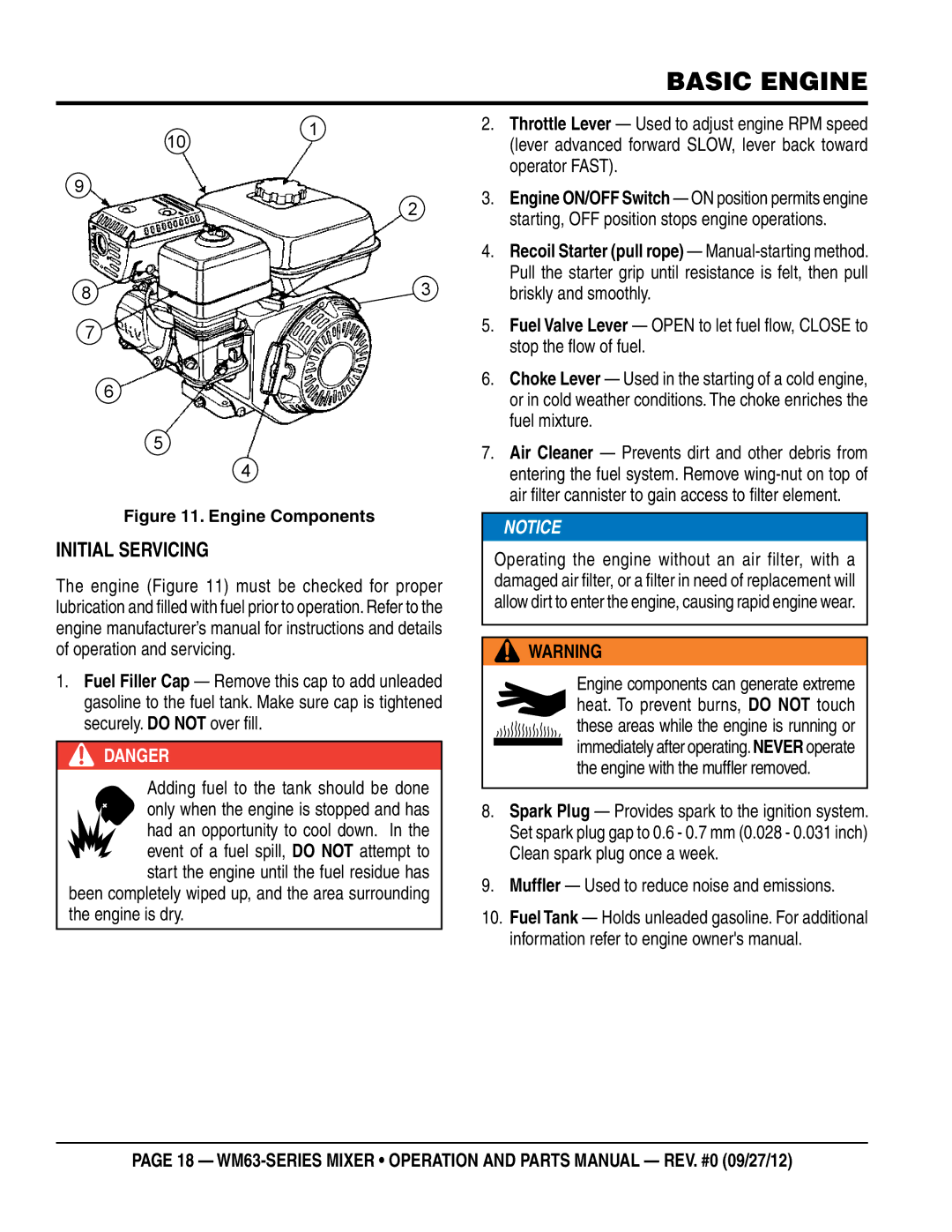 Multiquip WM63H8, WM63H5 manual Basic engine, Initial Servicing 