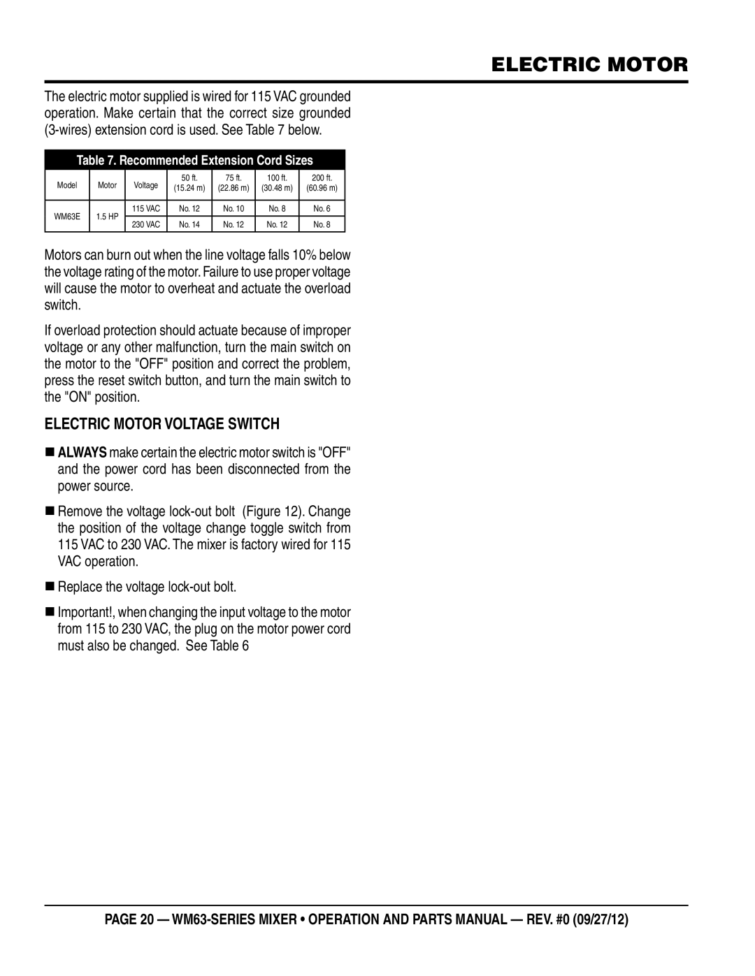 Multiquip WM63H8, WM63H5 manual Electric Motor Voltage Switch, Recommended Extension Cord Sizes 