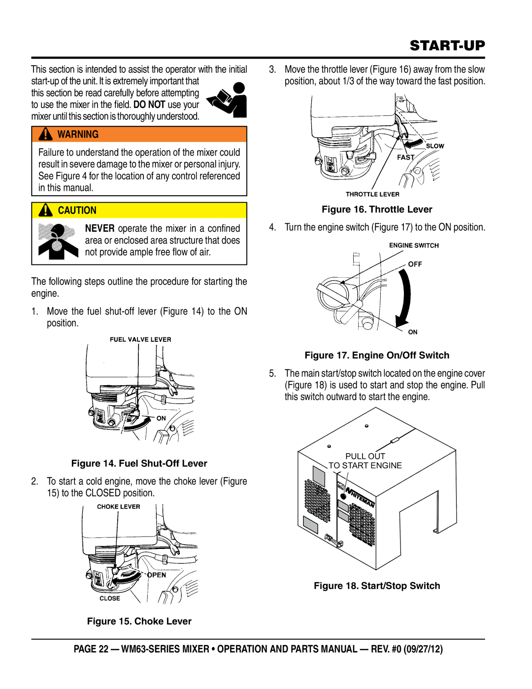 Multiquip WM63H8, WM63H5 manual Start-up, Turn the engine switch to the on position 