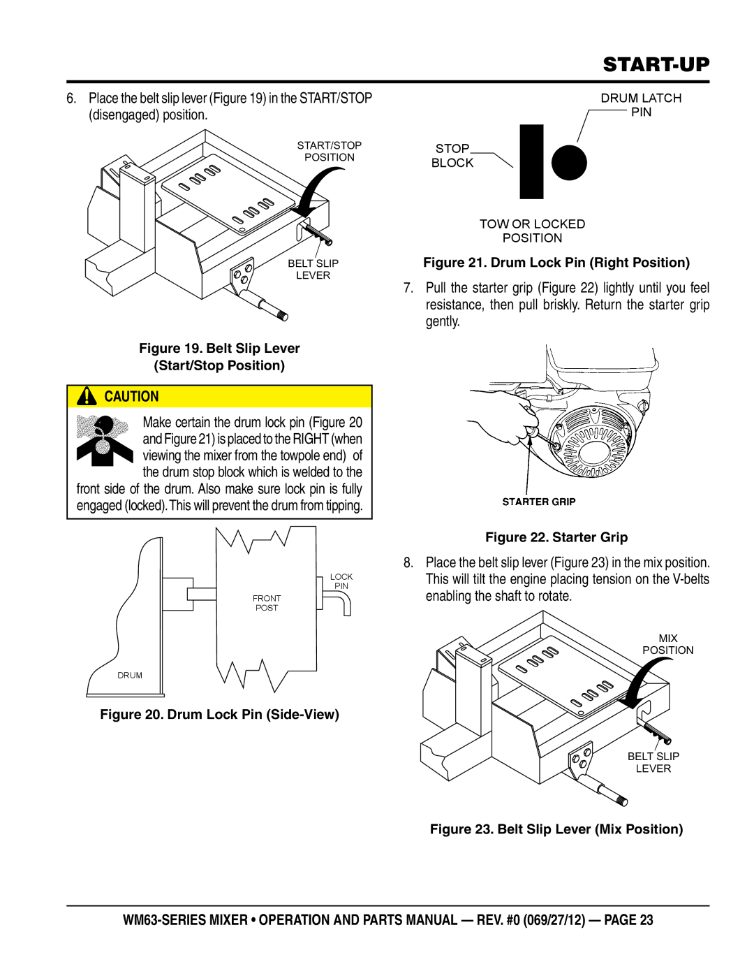 Multiquip WM63H5, WM63H8 manual Belt Slip Lever Start/Stop Position 