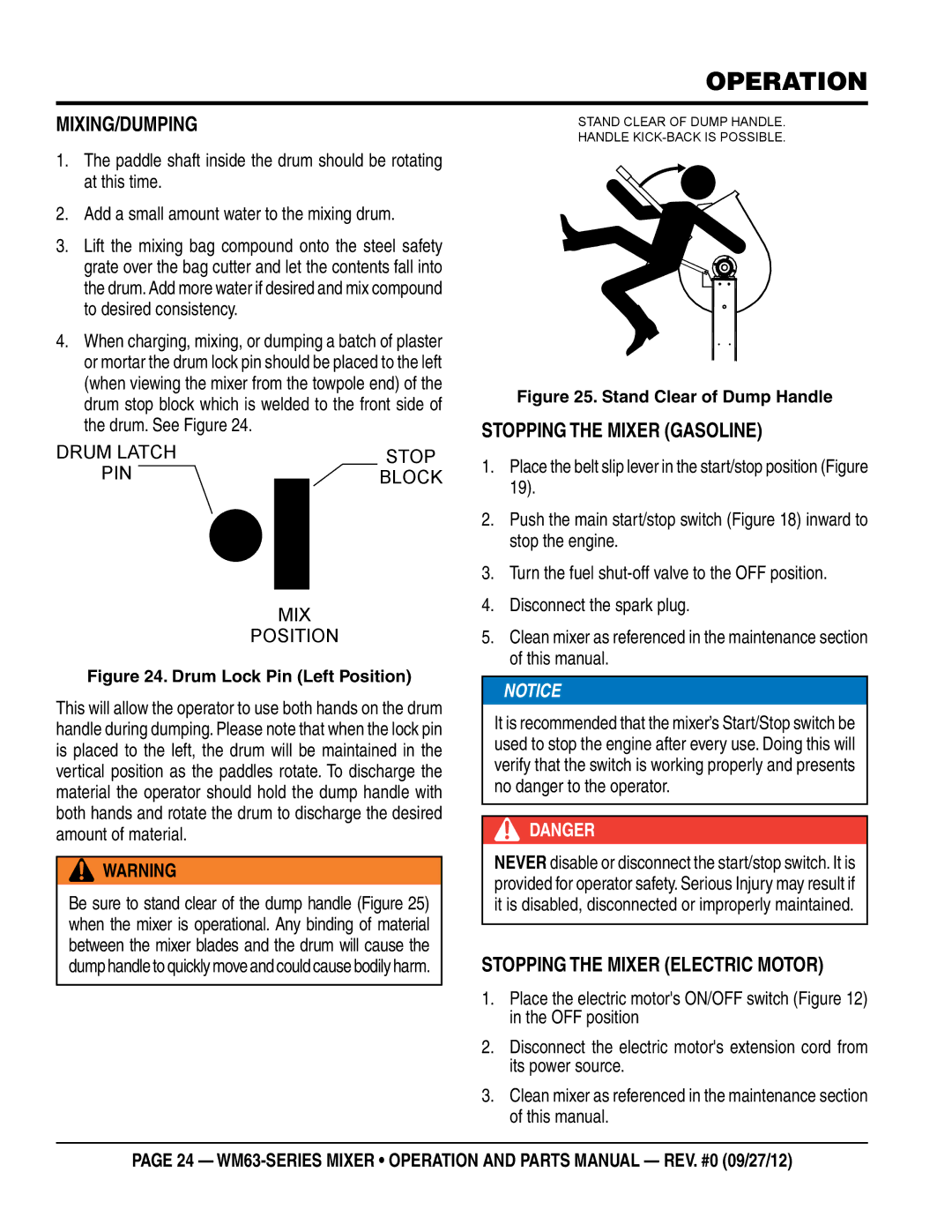 Multiquip WM63H8, WM63H5 manual Operation, Mixing/Dumping, Stopping the Mixer Gasoline, Stopping the Mixer electric motor 