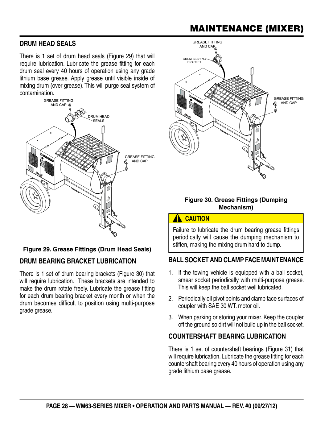 Multiquip WM63H8 Maintenance Mixer, Drum Head Seals, Drum Bearing Bracket Lubrication, Countershaft Bearing Lubrication 