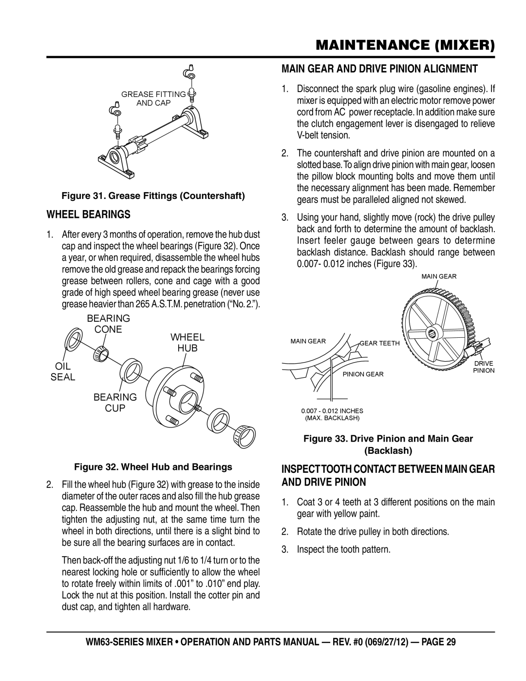 Multiquip WM63H5, WM63H8 manual Wheel Bearings, Main Gear and Drive Pinion Alignment 